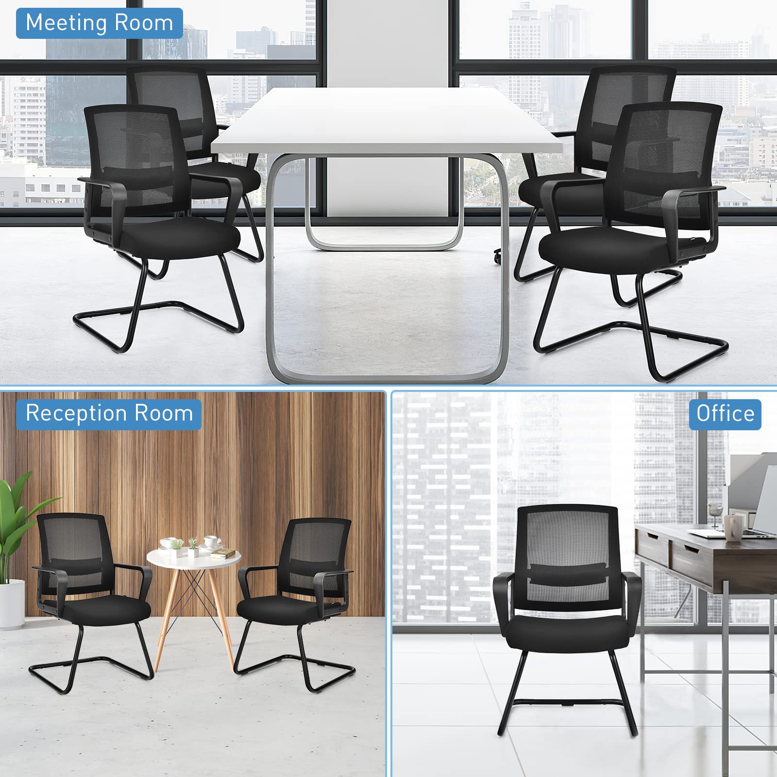 Giantex Office Guest Chair Set of 2 - Executive Sled Base Conference Chairs with Lumbar Support & Armrests, Mid-Back Mesh Office Desk Chairs No Wheels for Reception, Waiting Area, Meeting Room, Home Office & Workspace
