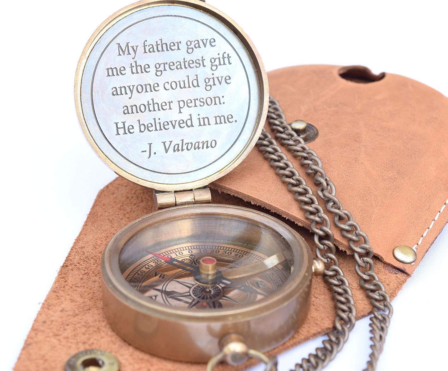 Engraved Brass Compass with Stamped Leather Case - Unique Father’s Day Gift, Birthday Present & Retirement Gift for Dad - Perfect for Outdoor Adventures, Hiking & Travel