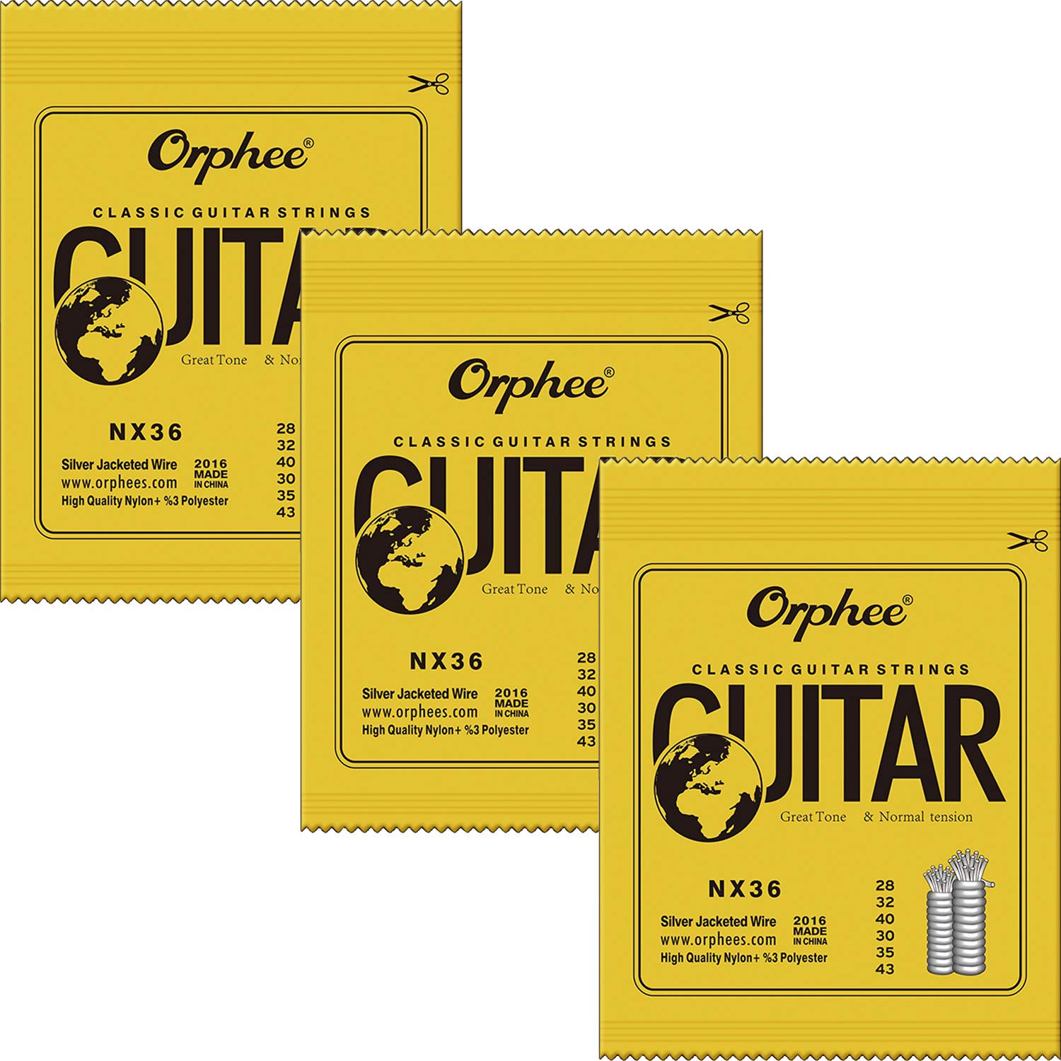 3 Packs Full Set Replacement Orphee NX36 Clear Nylon Silver Plated Classical Guitar Strings - Standard Tension (.028 .032 .040 .030 .035 .043) - Perfect for Beginners, Professionals & Live Performances