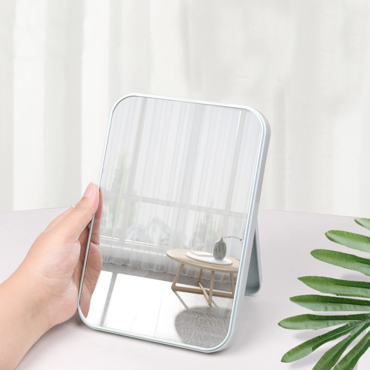 Leeonz Foldable Desktop Makeup Mirror with Stand - Portable Rectangle Vanity Mirror for Women & Girls, Perfect for Home, Travel & Dorm Room (Blue)