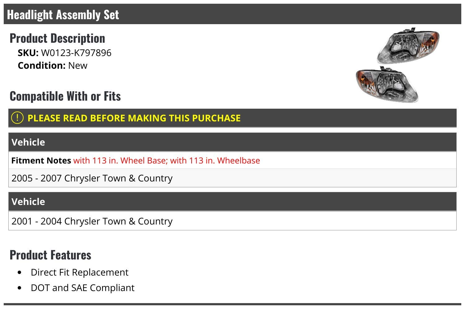 2001-2007 Chrysler Town & Country Replacement Headlight Assembly Set of 2 - Left & Right Side Headlamps - Perfect for Night Driving & Foggy Conditions
