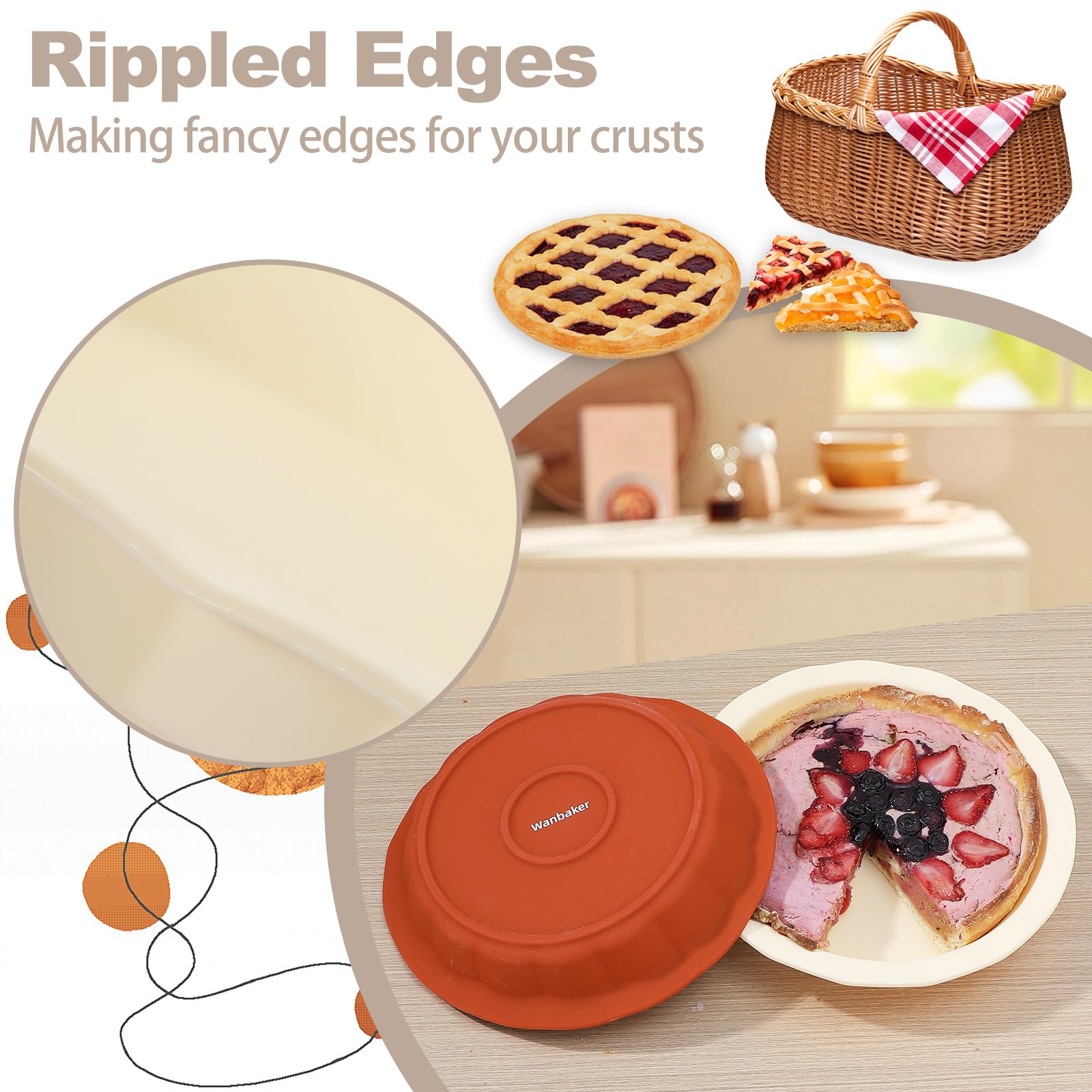 9-Inch Silicone Pie Pans for Baking - Dishwasher & Microwave Safe with Corrugated Edge (Red & Beige) | Perfect for Thanksgiving, Christmas Desserts & Family Baking
