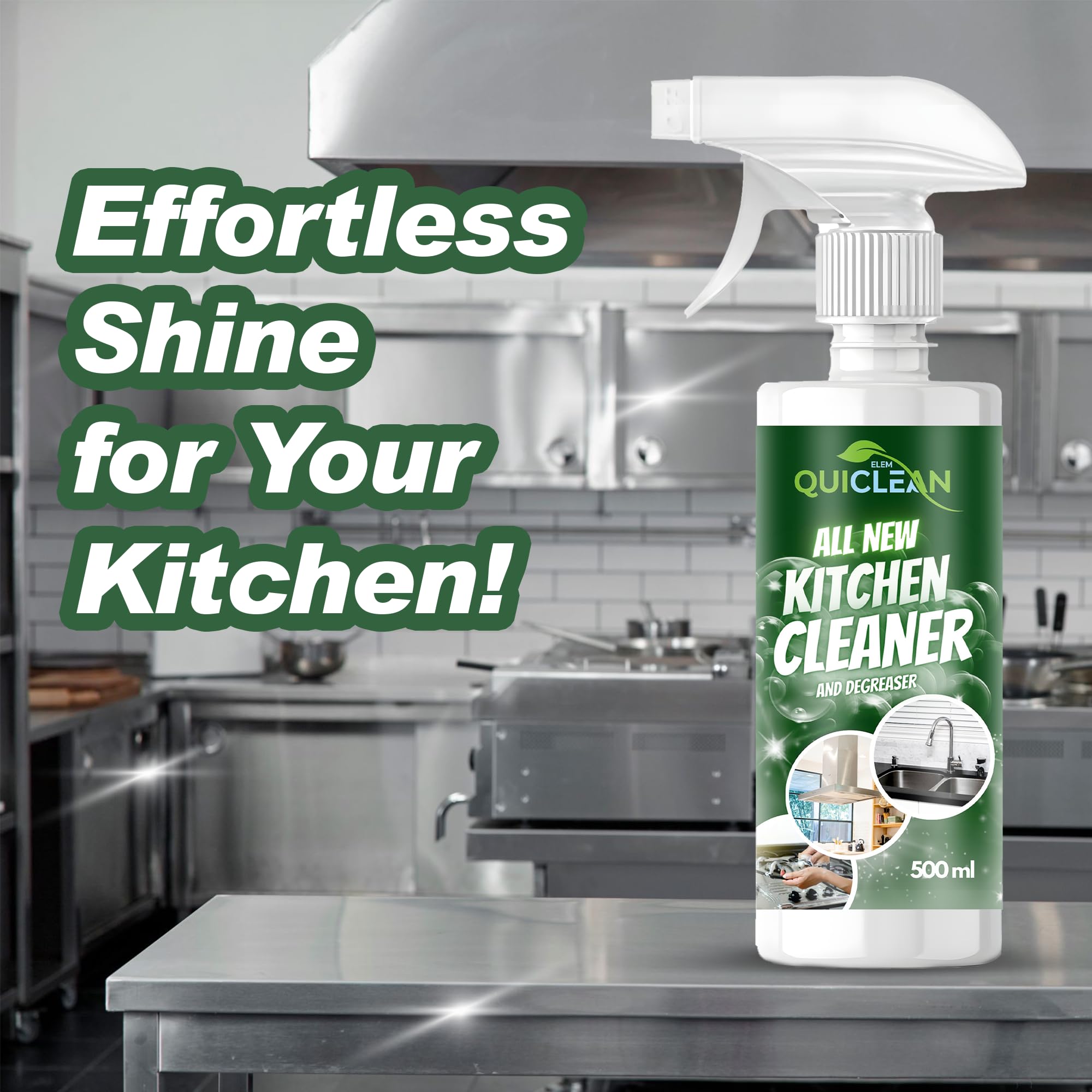 Quiclean All New Kitchen Cleaner & Degreaser Spray 500ml - Powerful Oil & Grease Stain Remover for Stove, Countertop, Tiles, Chimney & Exhaust Fan | Safe for All Kitchen Surfaces | Ideal for Daily Cleaning & Tough Stain Removal (Pack of 1)