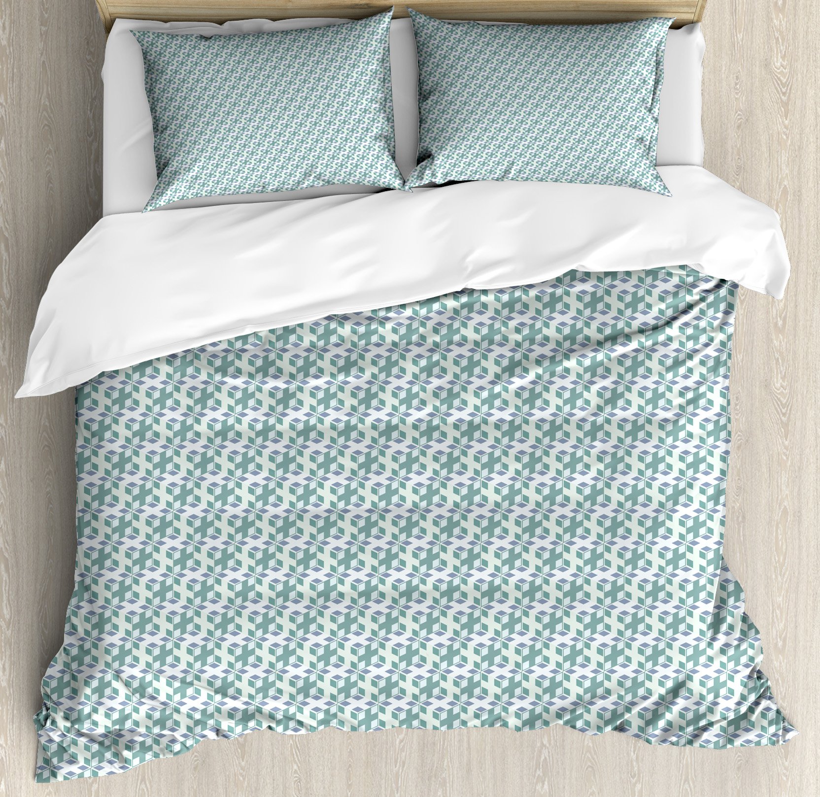 Ambesonne Geometric Duvet Cover Set King Size - 3D Cubes & Squares Illusion Design, 3-Piece Bedding Set with 2 Pillow Shams, Reseda Green & Slate Blue - Modern Home Decor for Master Bedroom, Guest Room & Dorm