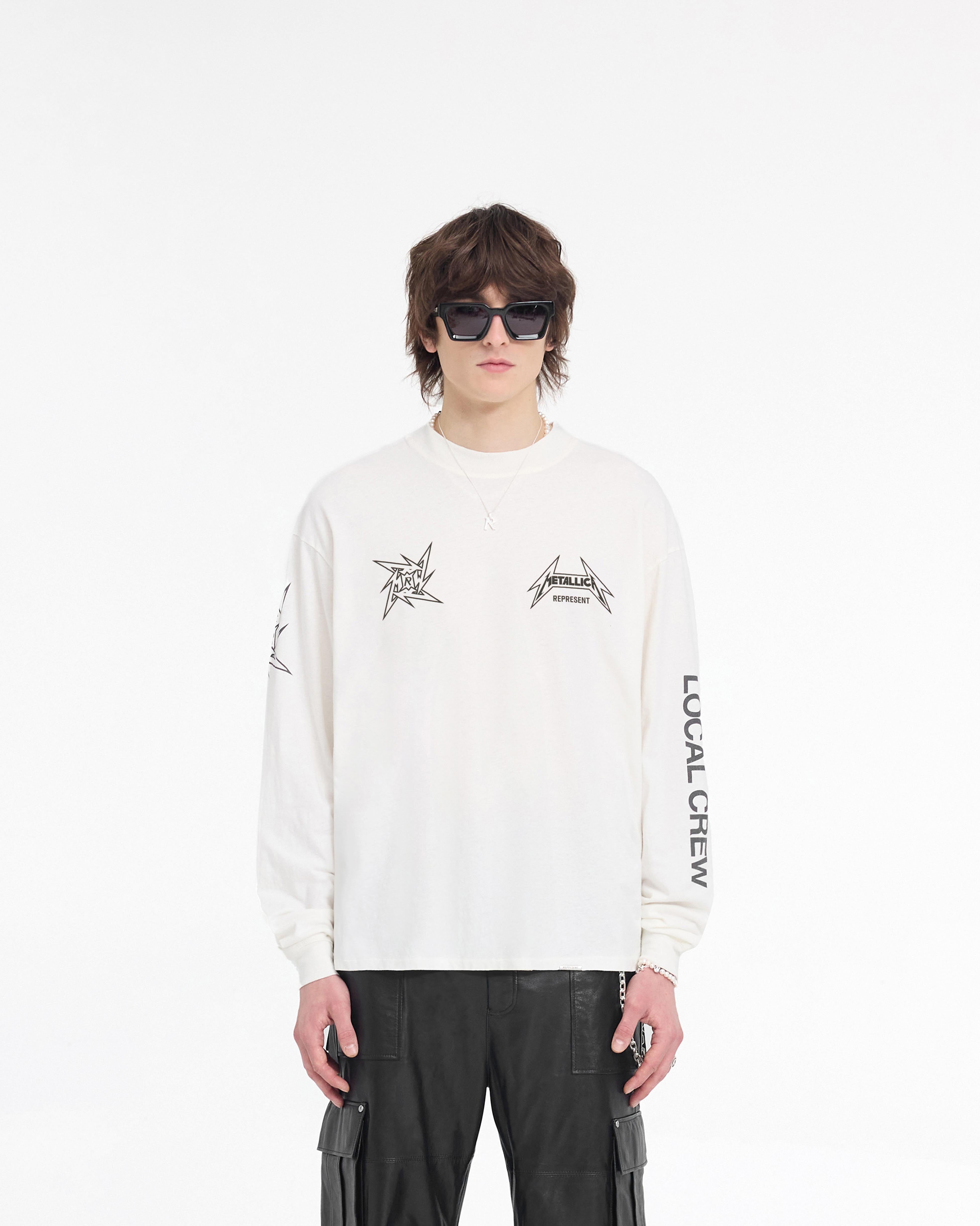 Represent X Metallica Local Crew Long Sleeve T-Shirt - Flat White | Vintage Band Tee for Men & Women | Perfect for Concerts, Casual Wear & Rock Fans
