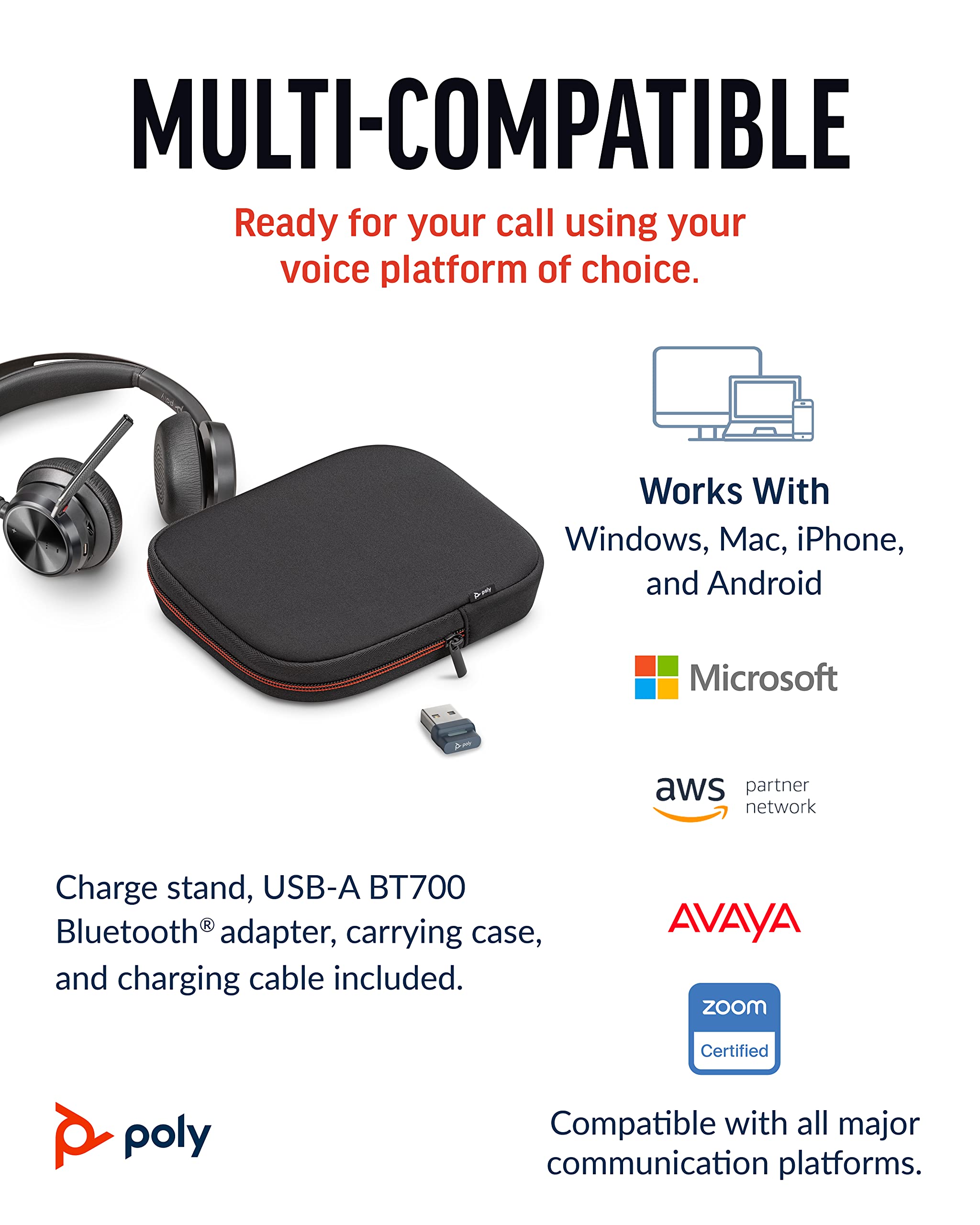 Poly Voyager Focus 2 UC Wireless Headset with Charging Dock | Active Noise Cancelling Bluetooth Headphones for PC, Mac & Mobile | Long Battery Life for Zoom, Teams Calls | Perfect for Home Office & Remote Work