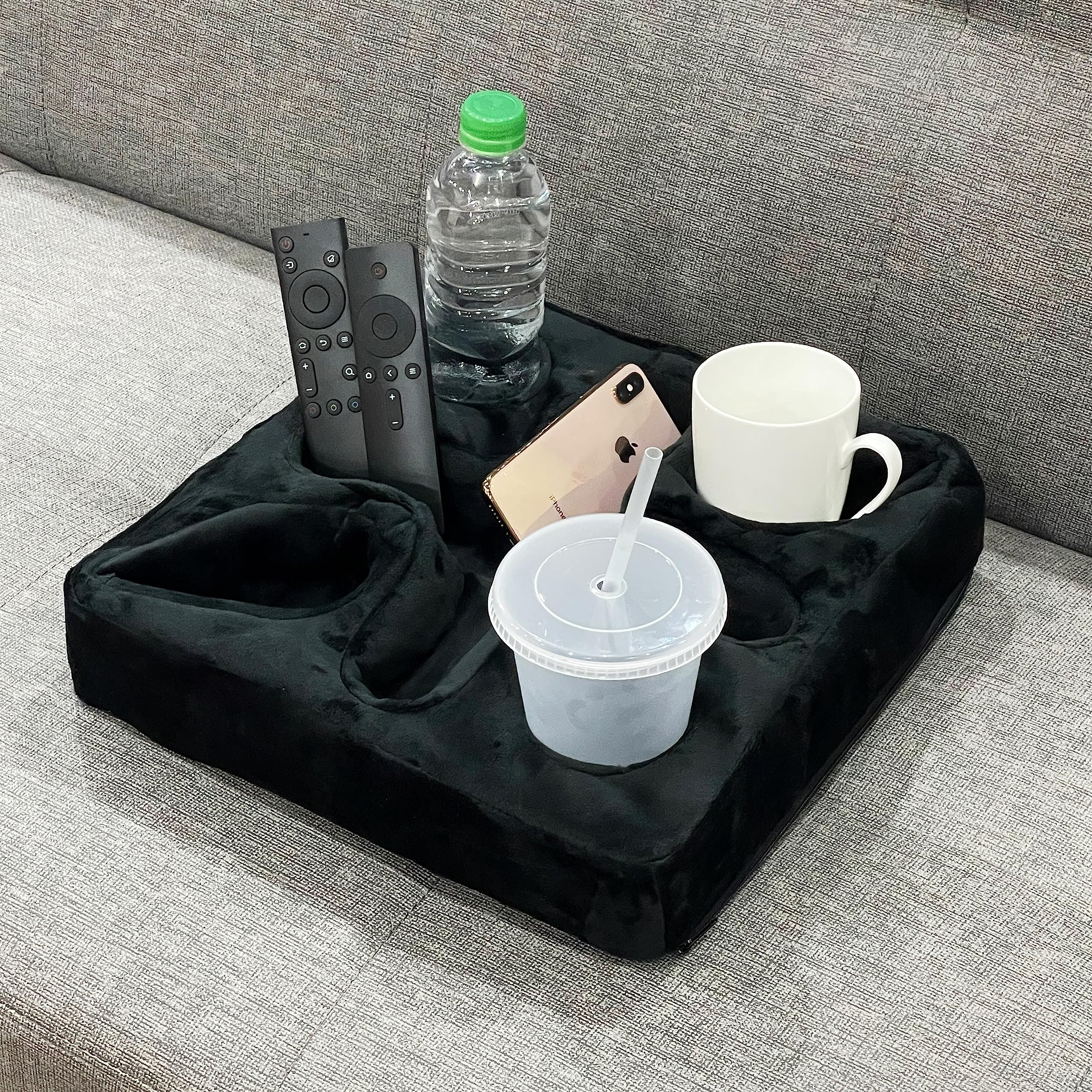 Multi-Functional Couch and Bed Cup Holder Pillow - Drink Tray with Snack & Remote Control Storage - Perfect for Movie Nights, Gaming, and Relaxing (Black)