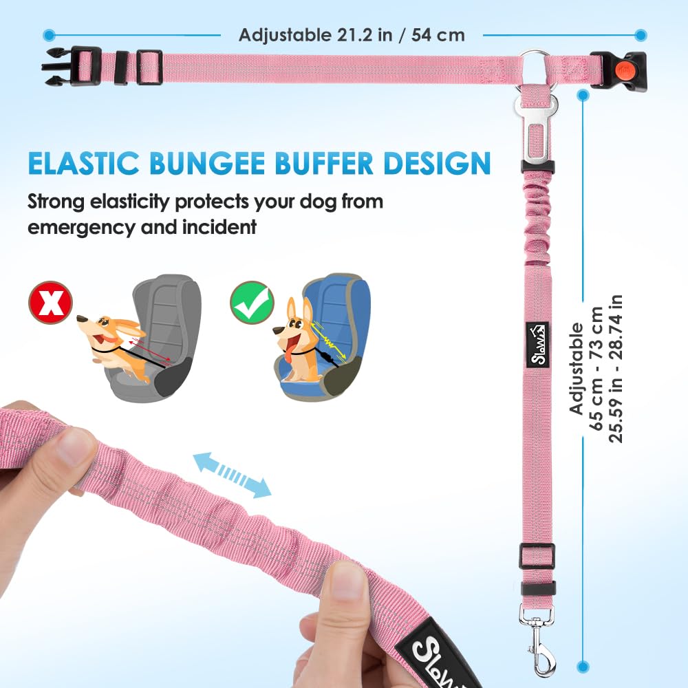 SlowTon 2-Pack Adjustable Dog Seat Belt for Cars - Elastic Bungee Buffer Pet Safety Harness with Reflective Tether (Pink) | Headrest + Clip Attachment | Perfect for Road Trips & Vet Visits