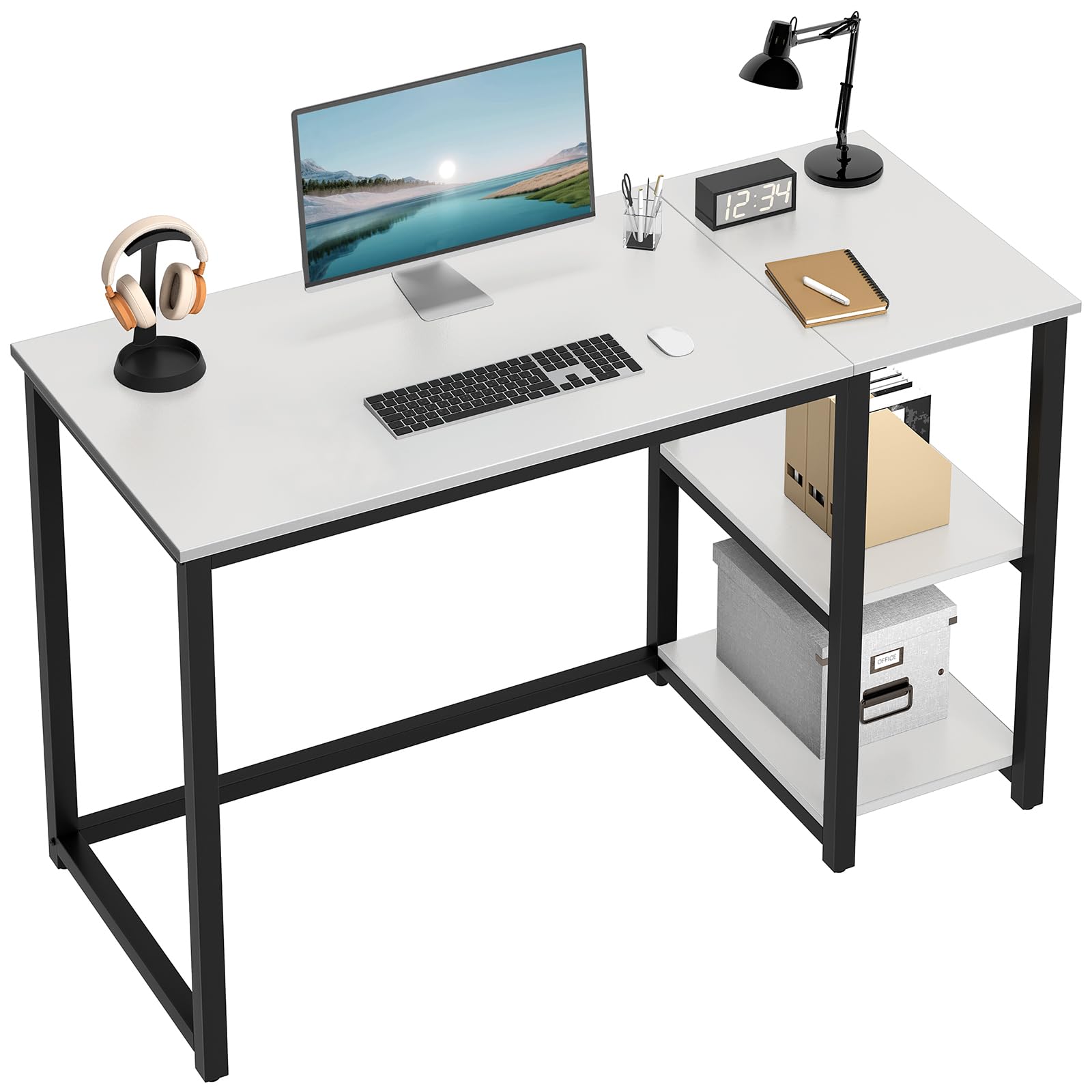 SINPAID 47-inch Modern Computer Desk with 2-Tier Shelves - Sturdy Home Office & Gaming Desk, Large Storage Space, Study Writing Laptop Table (White) - Perfect for Small Spaces, Work from Home & Online Classes