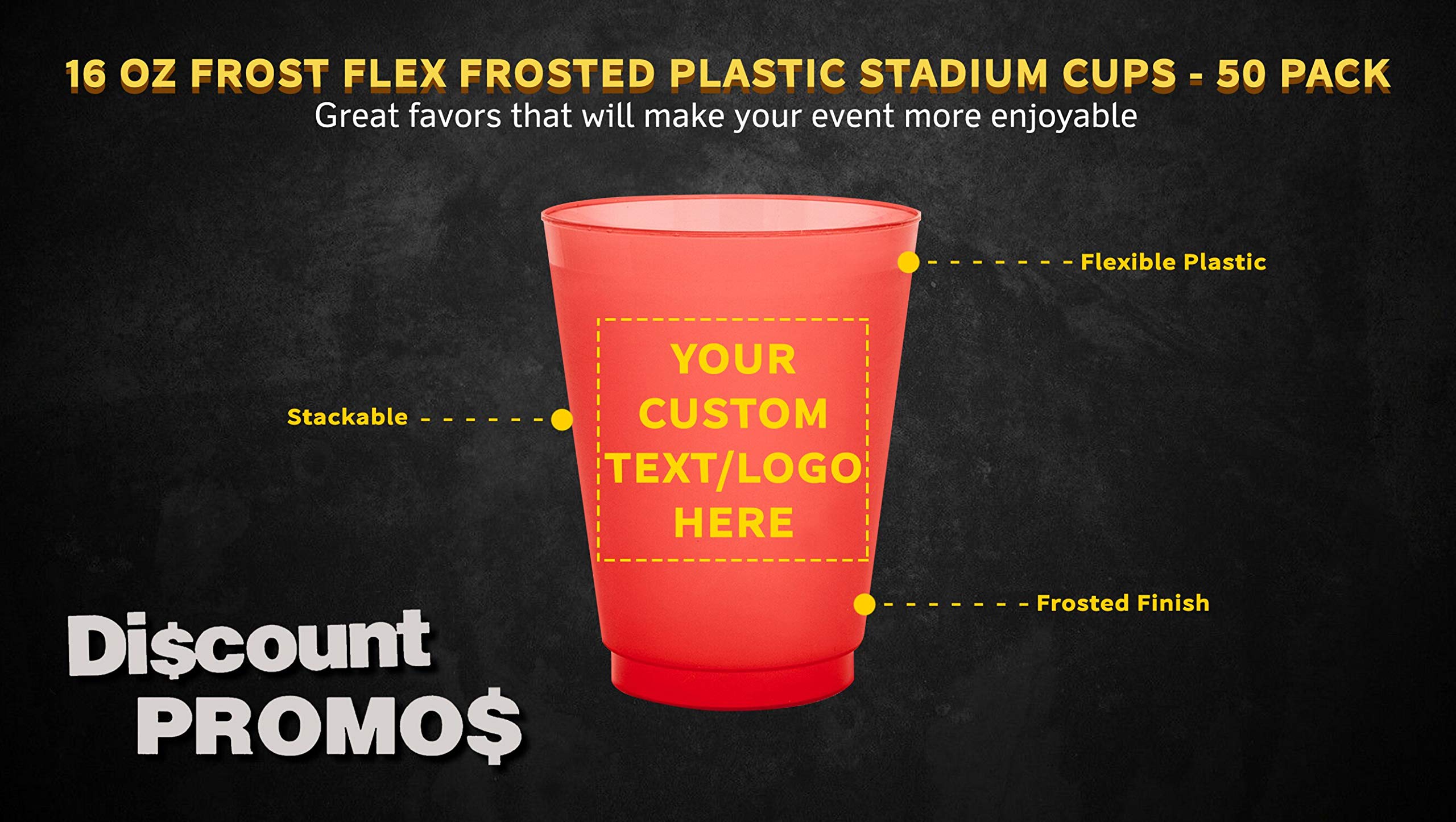 Custom Frosted Plastic Stadium Cups 50 Pack - Personalized with Logo & Promotional Text - 16 oz Shatterproof Reusable Party Cups for Sports Events, Tailgating & Outdoor Gatherings - Red