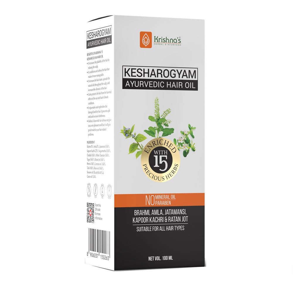 Krishna's Kesharogyam Ayurvedic Hair Oil - 100ml Natural Hair Growth Treatment with 15 Herbs (Amla, Jatamasi) | Paraben-Free for Strong, Healthy Hair | Perfect for Daily Scalp Massage & Hair Care Routine