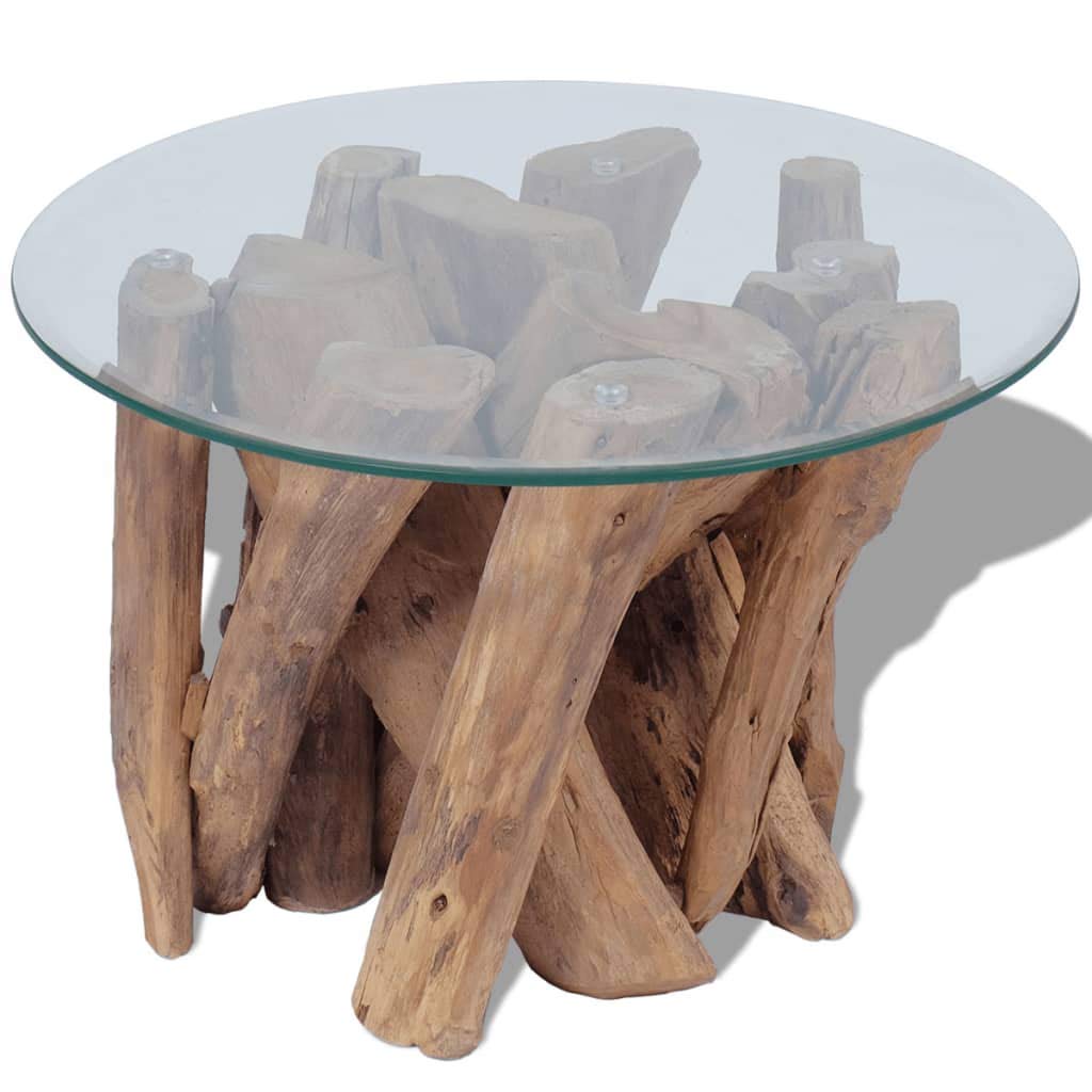 Esenlong Round Coffee Table for Living Room - Solid Teak Wood Base with Glass Top - 23.6