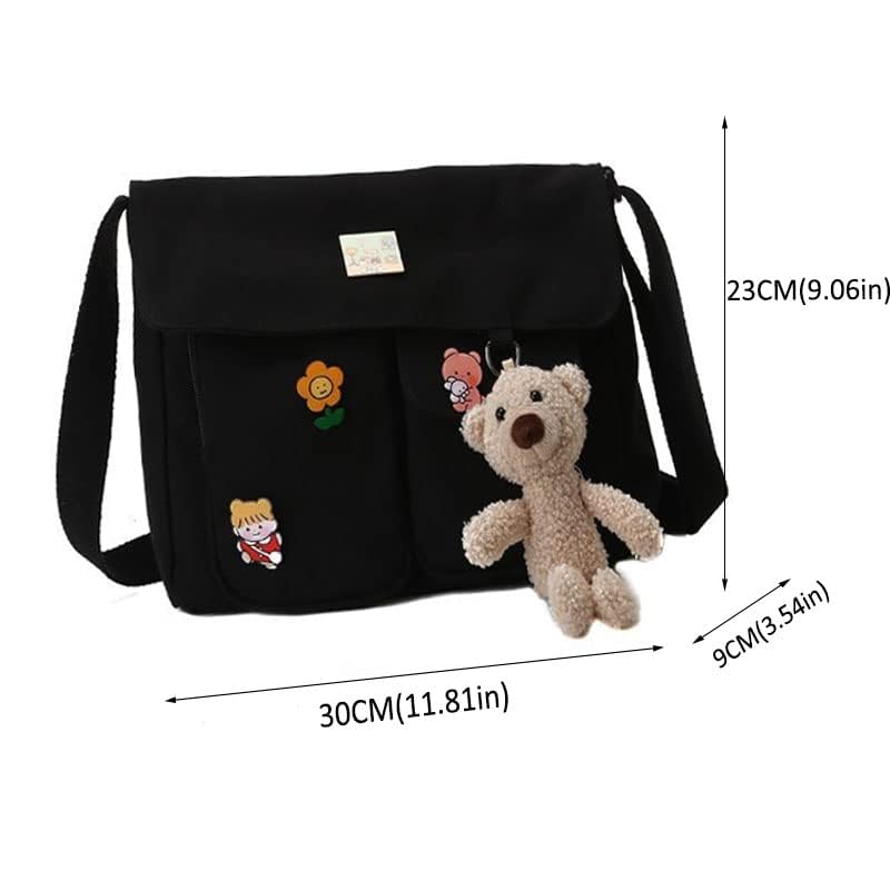 Stylish Canvas Crossbody Bag for Women & Girls - Cute Messenger Purse with Pins & Pendant - Fashionable Casual Shoulder Bag for School, Work & Travel