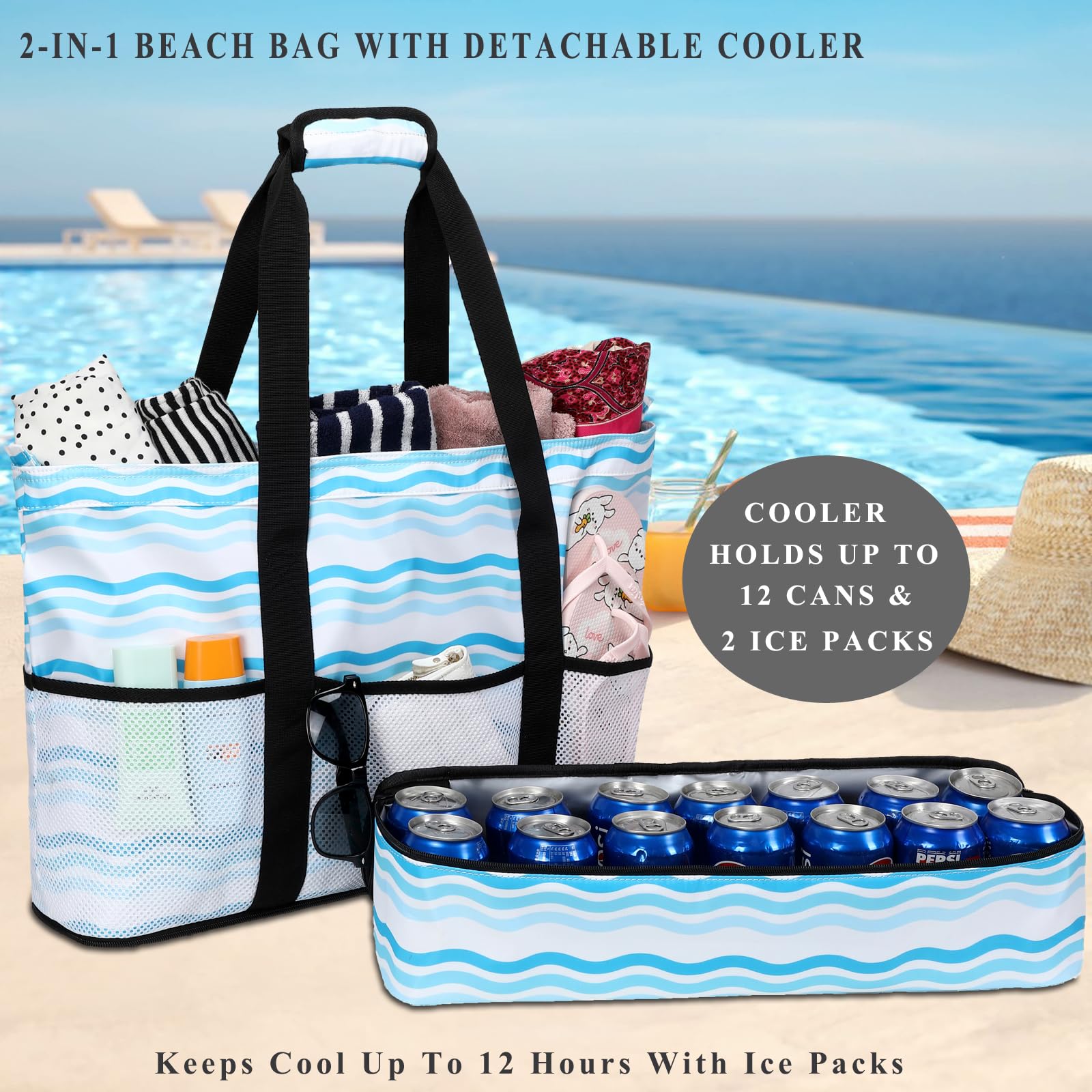 DSIUE Waterproof & Sandproof Beach Tote Bag with Built-in Cooler - Large Capacity Women's Pool, Gym & Travel Bag - Perfect for Beach Trips, Swimming & Outdoor Activities