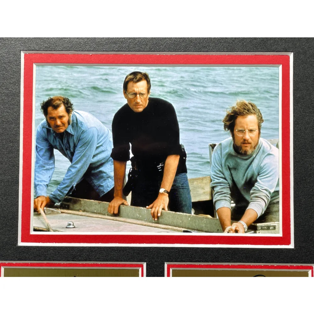Jaws Bloody Shark Bite Framed Movie Poster - Authentic Facsimile Cast Signed Collage Photo - Perfect for Horror Movie Fans & Home Theater Decor