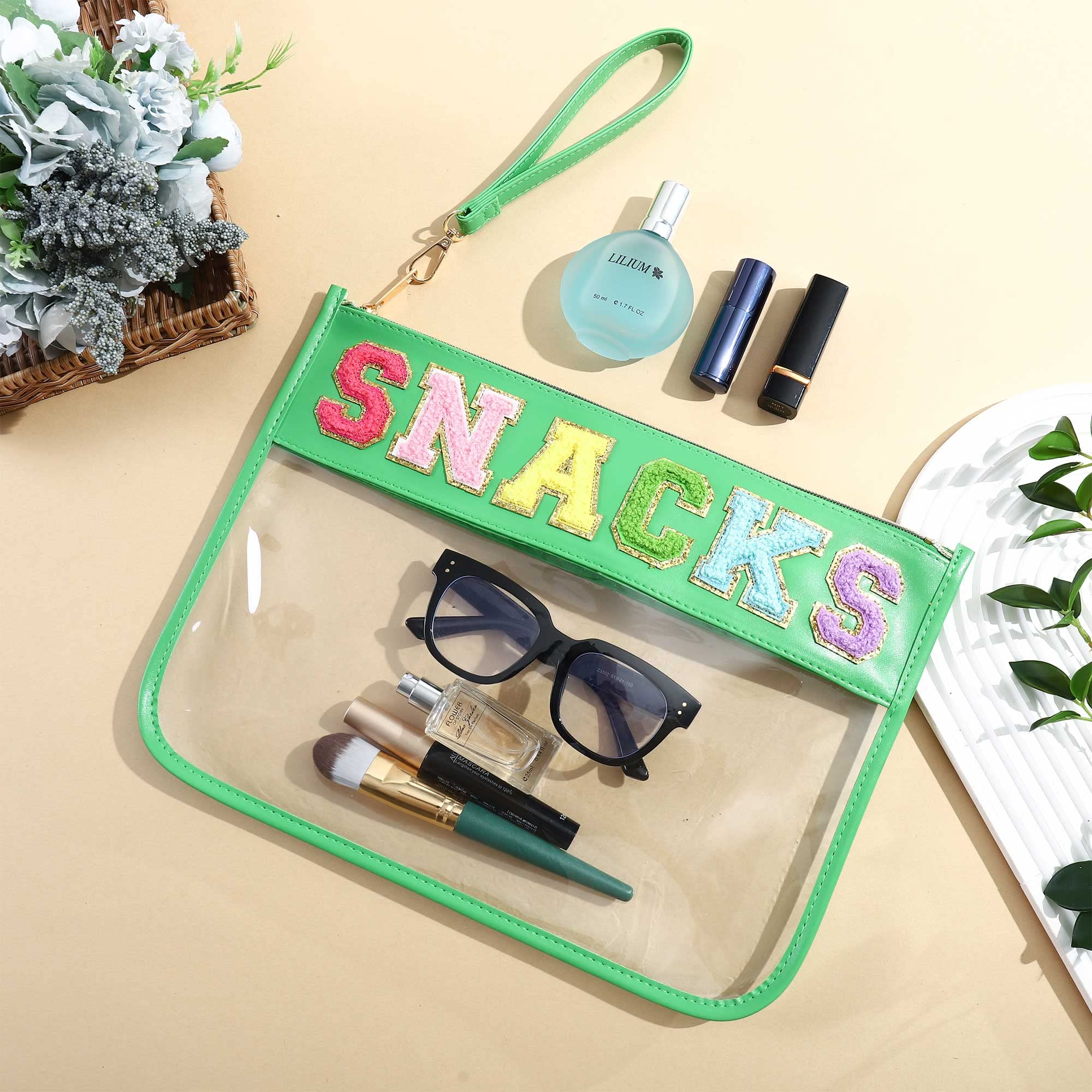 HASIOY Clear Pouch with Patches - Snacks Bag, Chenille Letter Cosmetic Tote Bag with Gold Shoulder Straps - Perfect for School, Travel, and Everyday Use