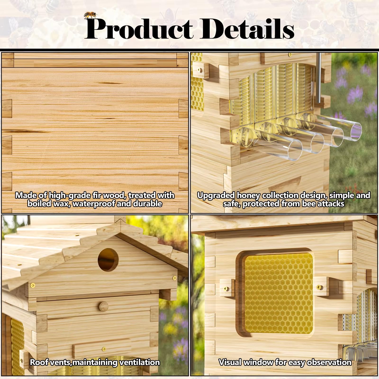 4Pcs Honey Bee Hive Starter Kit with Frames - For Beekeeping Beginners