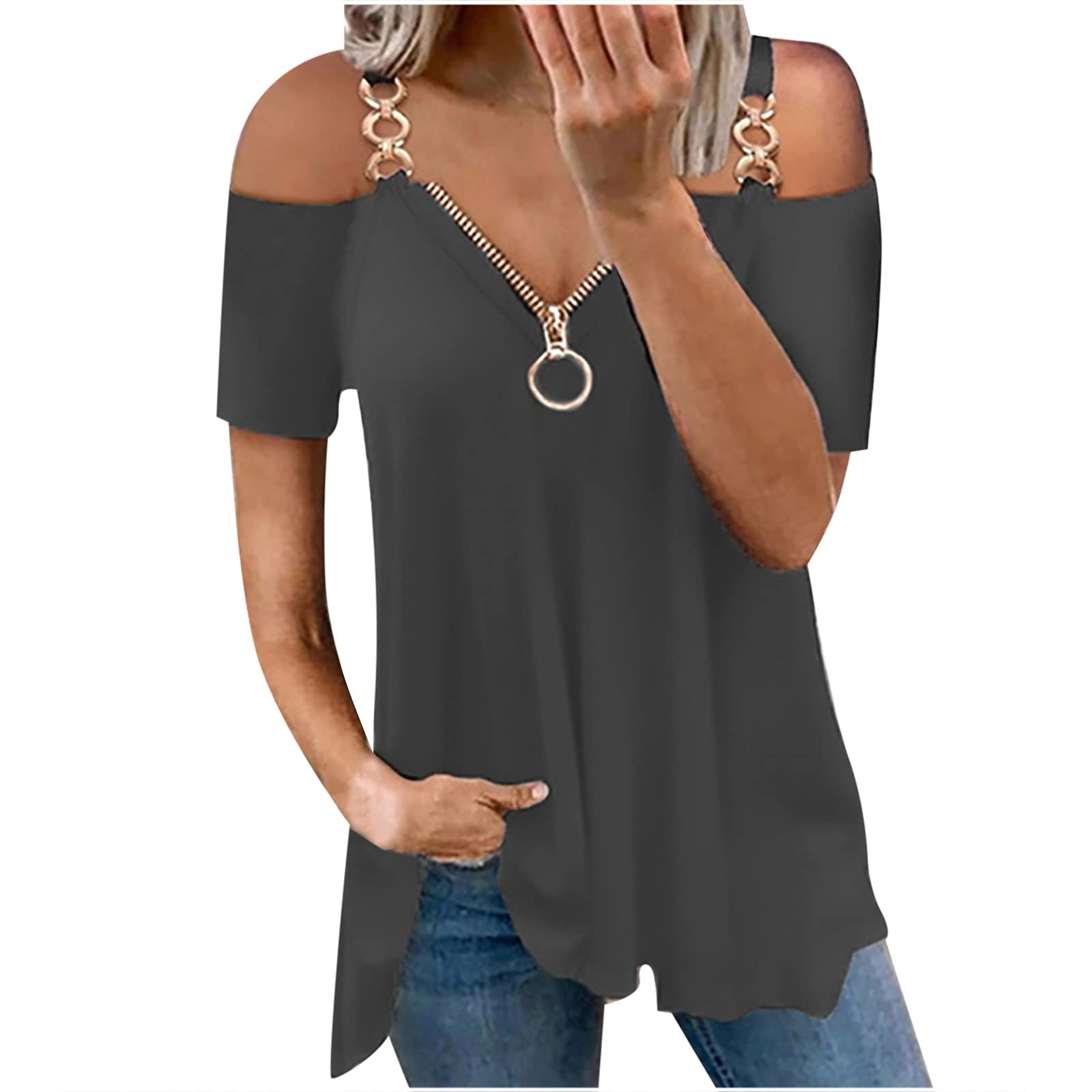 Women's Summer Cold Shoulder Tunic Tops - Loose Fit Zip-Up V-Neck Short Sleeve Blouses | Trendy Casual Wear for Beach, Vacation & Everyday Outfits