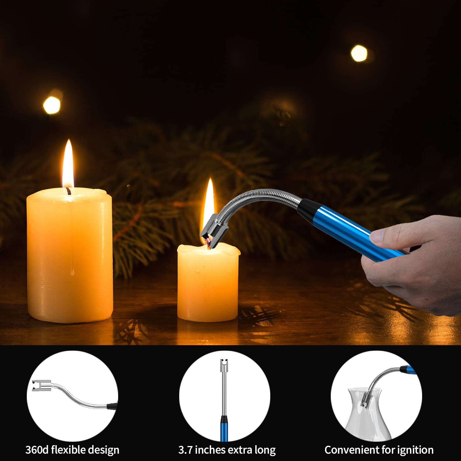 USB Rechargeable Plasma Arc Lighter for Candle & Grill - 360° Flexible Neck, Camping & Cooking (Blue)