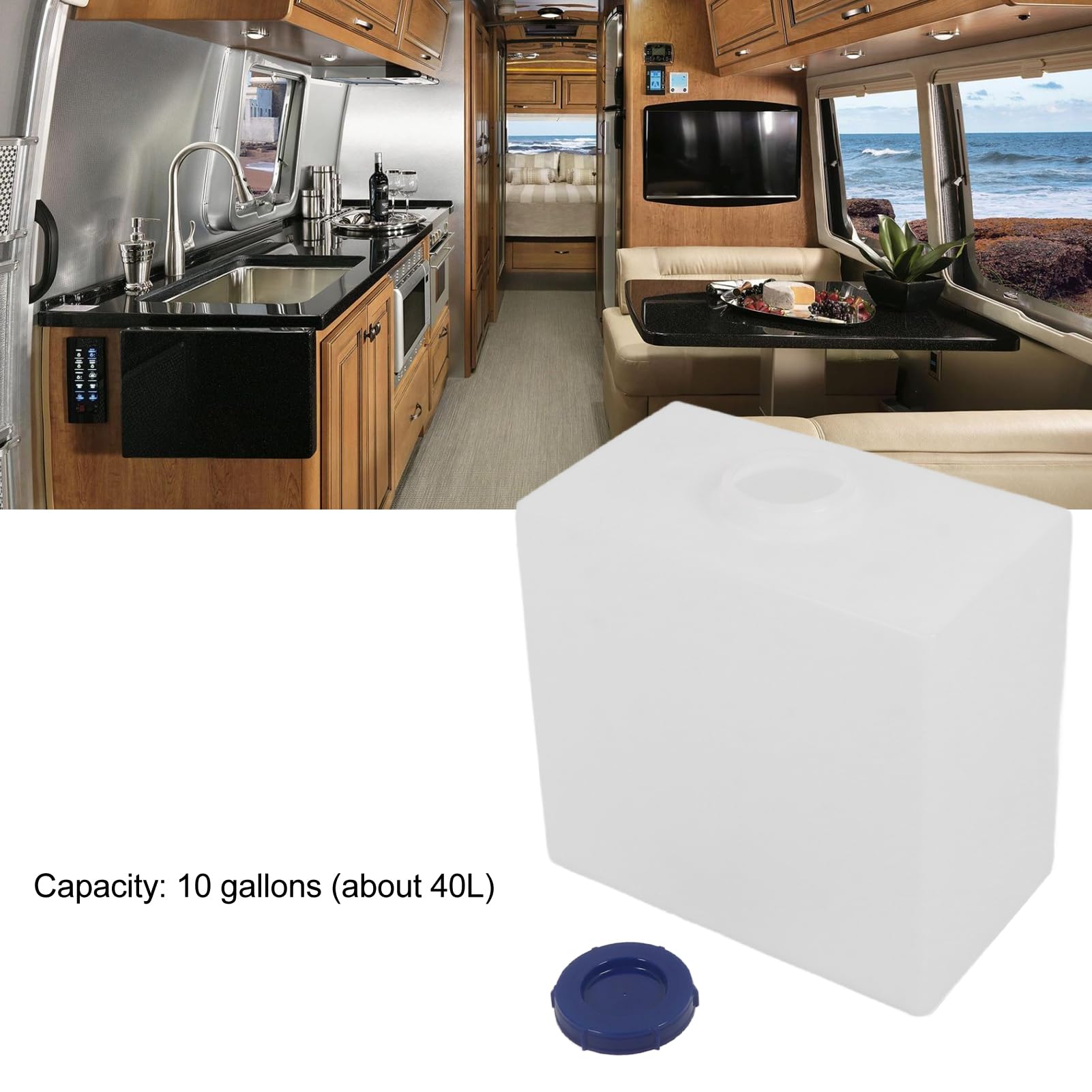 Akozon 10 Gallon RV Water Storage Tank - 17.1 x 15.7 x 10 Inch Portable Fresh Water Container - Heat & Cold Resistant PE Material for Travel Trailers, Boats, Yachts & Camping Trips