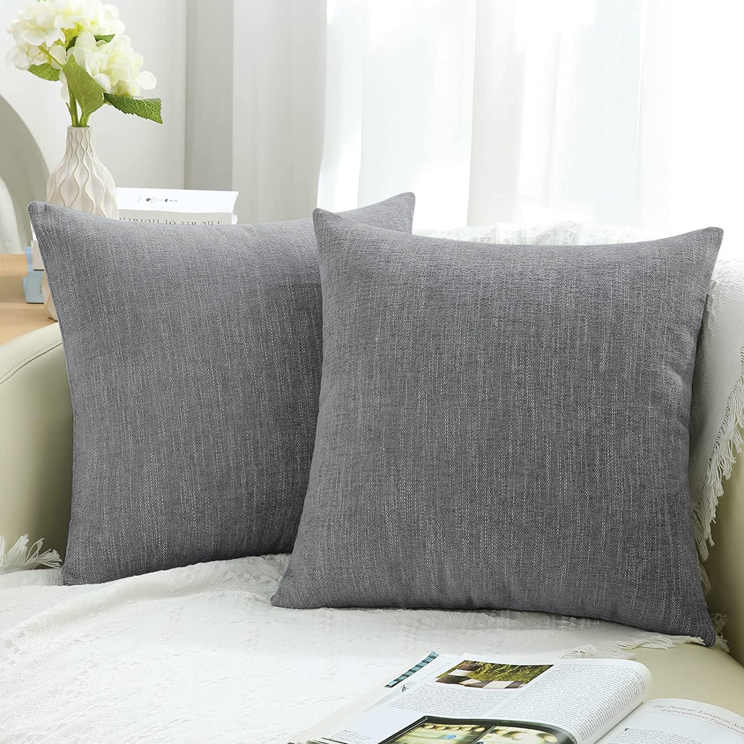 Farmhouse Chenille Decorative Throw Pillow Covers 20x20 Set of 2 - Soft Textured Square Couch Pillows for Sofa, Bed & Living Room Decor in Grey - Perfect for Cozy Home Accents and Seasonal Styling
