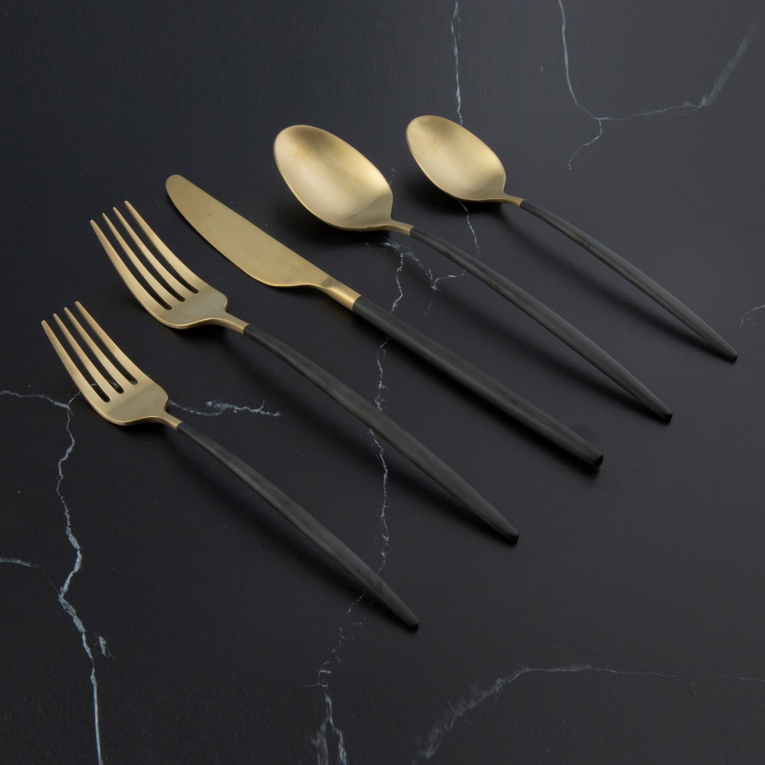 Gaze Black Champagne Satin 20-Piece Flatware Set - Elegant Stainless Steel Cutlery for Fine Dining, Wedding Gifts & Formal Dinner Parties