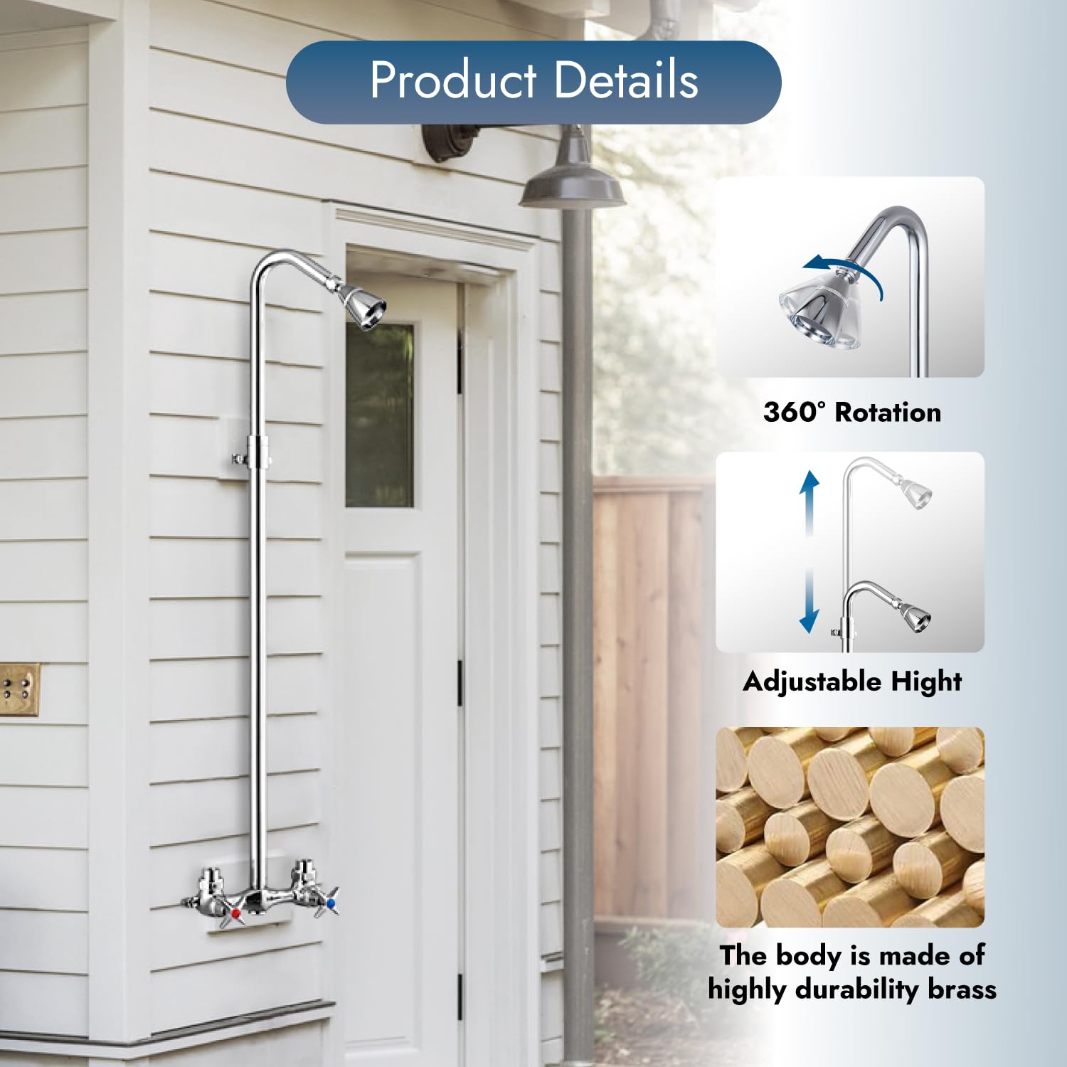 Polished Chrome Outdoor Shower System - Wall Mounted Exposed Shower Kit with Adjustable Slider, Dual Cross Handles & Brass Faucet Mixer Valve - Perfect for Poolside, Garden, Backyard & Beach Showers