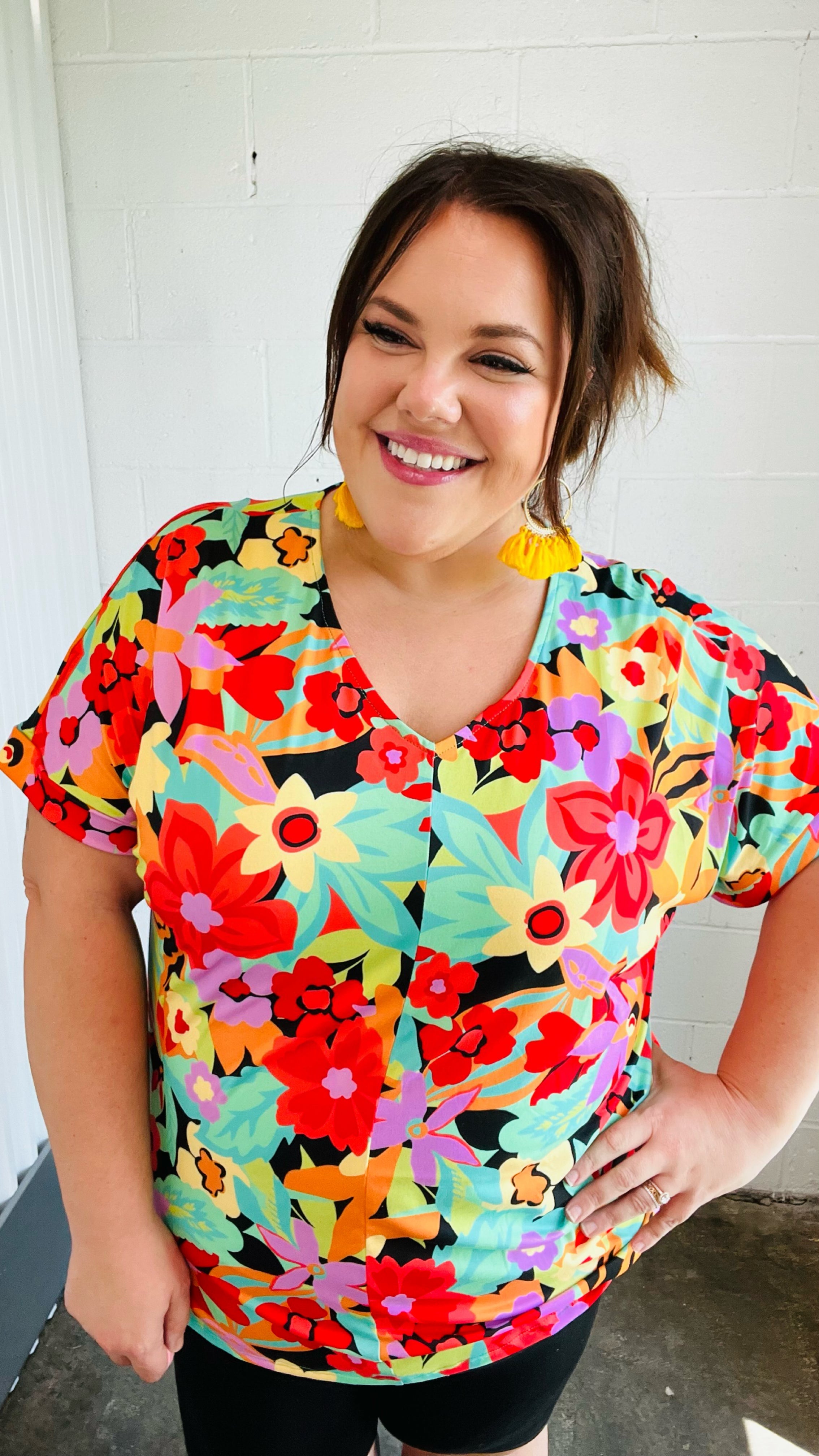 Stylish Multicolor Tropical Floral Print V-Neck Drop Shoulder Blouse for Women | Summer Beach Vacation & Boho Outfit Essential