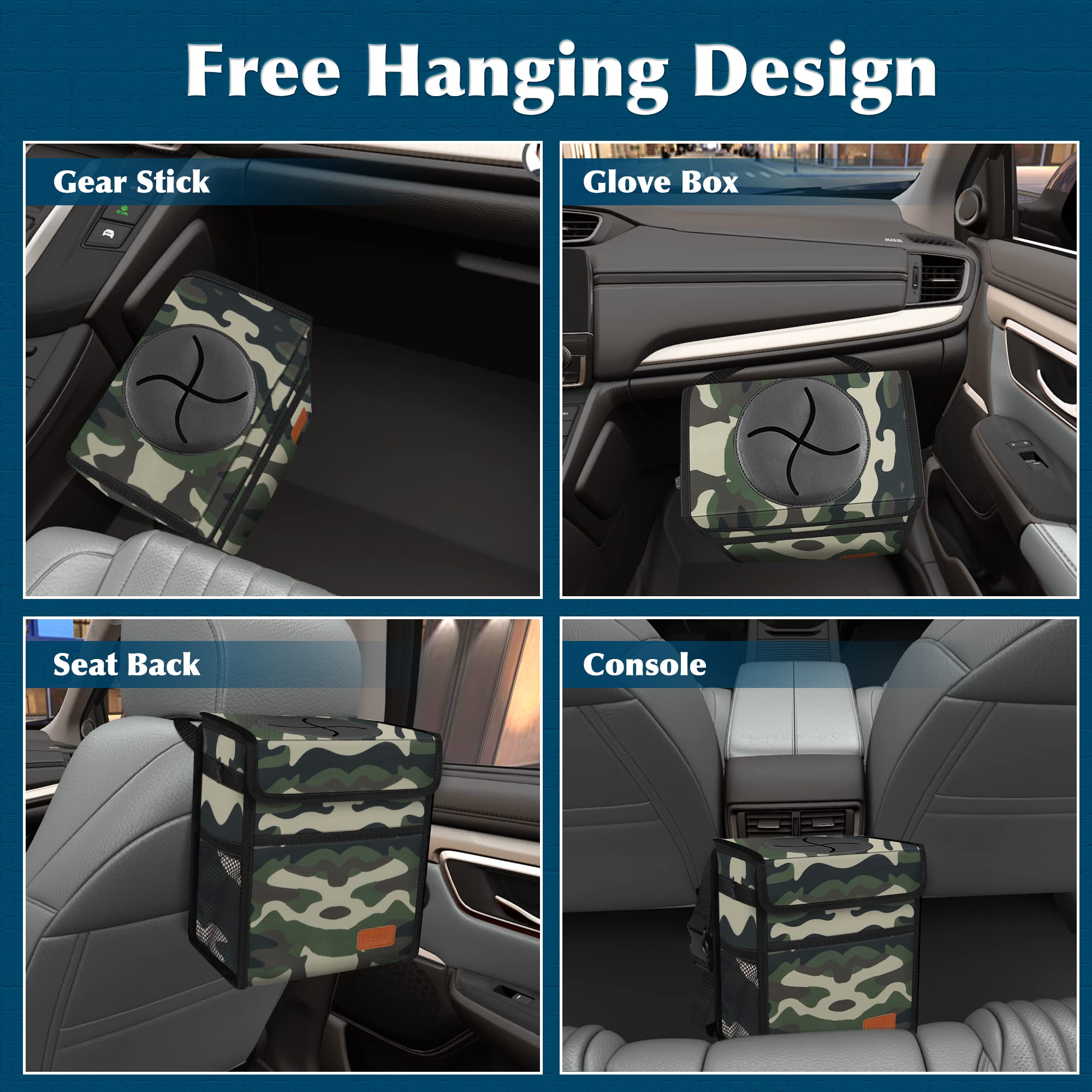 **Leak-Proof Car Trash Can with Lid - Waterproof Hanging Garbage Bag for SUV & Front Seat - Collapsible, Portable & Multipurpose with Storage Mesh Pocket - Ideal for Road Trips, Commuting & Travel (Camouflage)**