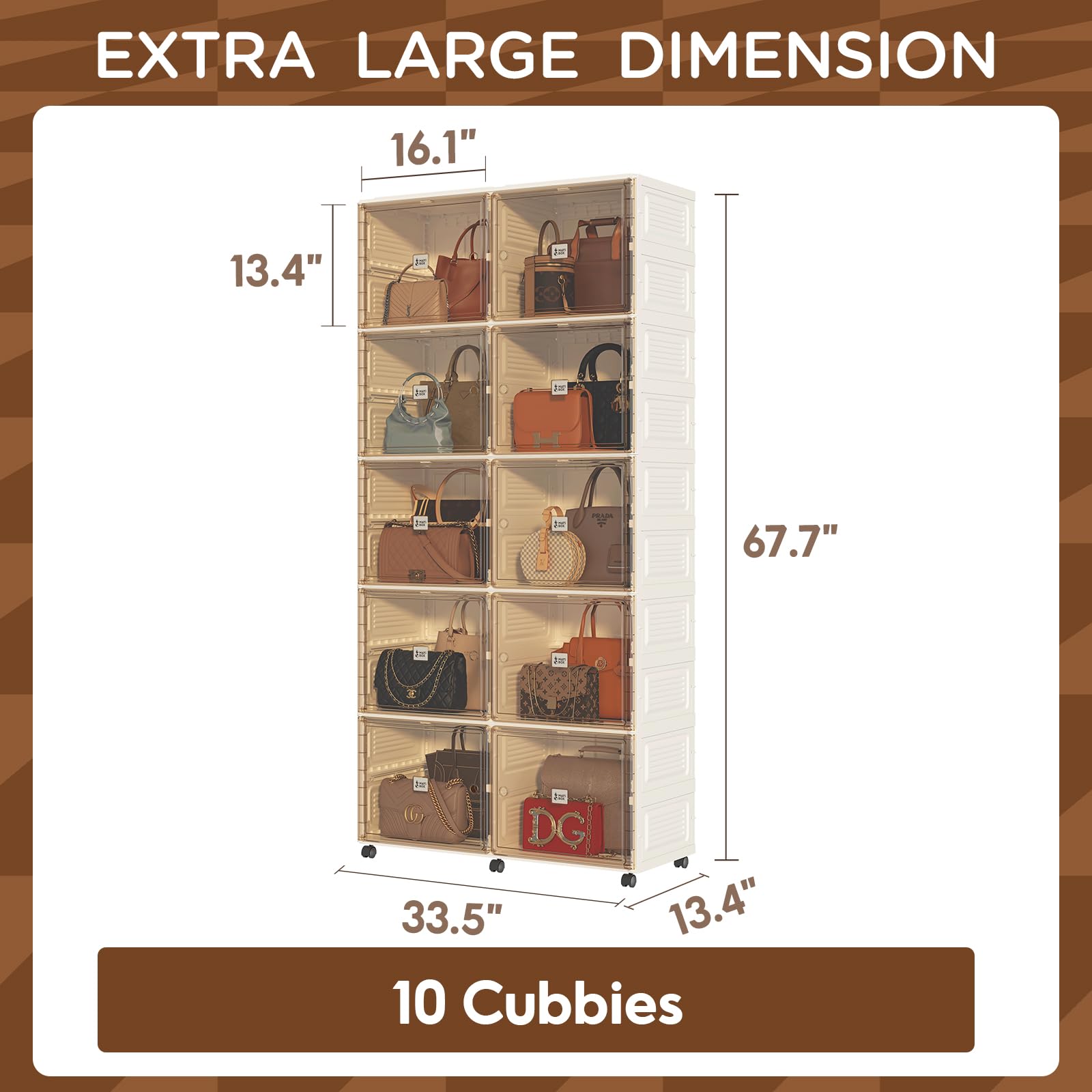 Mayi Box 10-Cubby Handbag & Purse Storage Organizer with Magnetic Doors & Wheels - Shoe Cabinet, Boot Rack, Closet Organizer for Antiques, Books, Toys - Perfect for Bedroom, Entryway & Walk-in Closet Organization