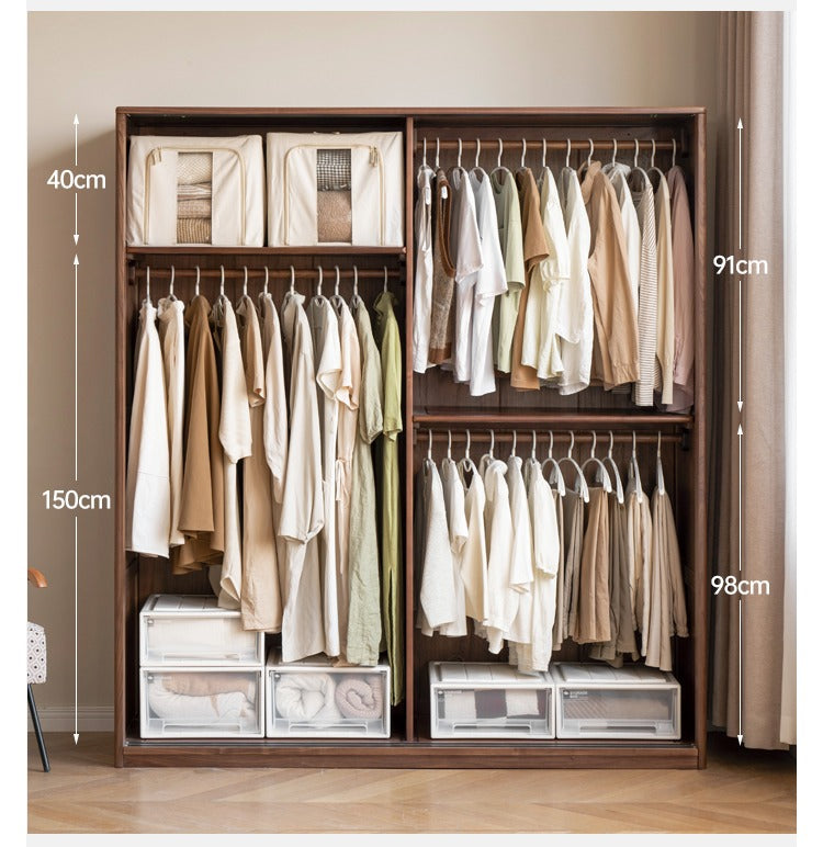 Premium Black Walnut Solid Wood Sliding Door Wardrobe Closet - Modern Bedroom Storage Solution for Home & Office Organization
