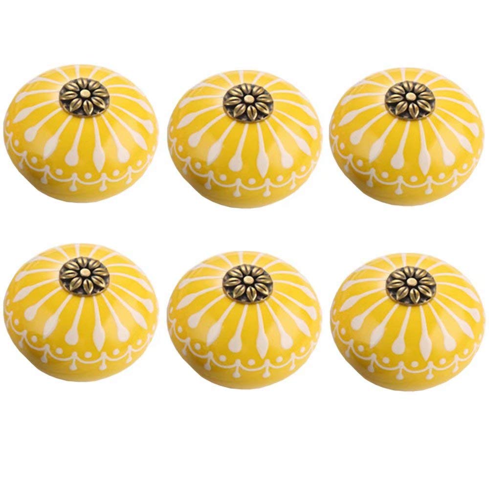 6-Pack Yellow Ceramic Cabinet Knobs - Round Dresser Drawer Pulls for Kitchen, Bathroom & Furniture (Vintage Style Door Handles) - Perfect for DIY Home Decor & Cabinet Upgrades