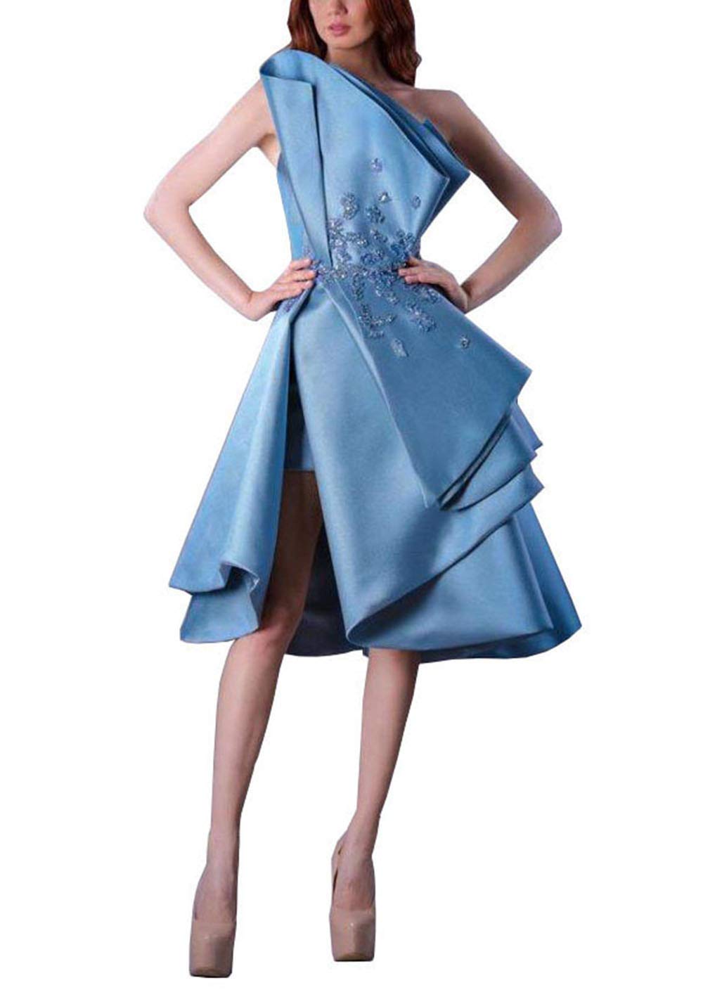 Elegant Blue Satin Knee-Length Party Dress for Women - Applique Layered Prom Gown, Clubwear & Special Occasion Outfit | Perfect for Prom Night, Cocktail Parties & Evening Events