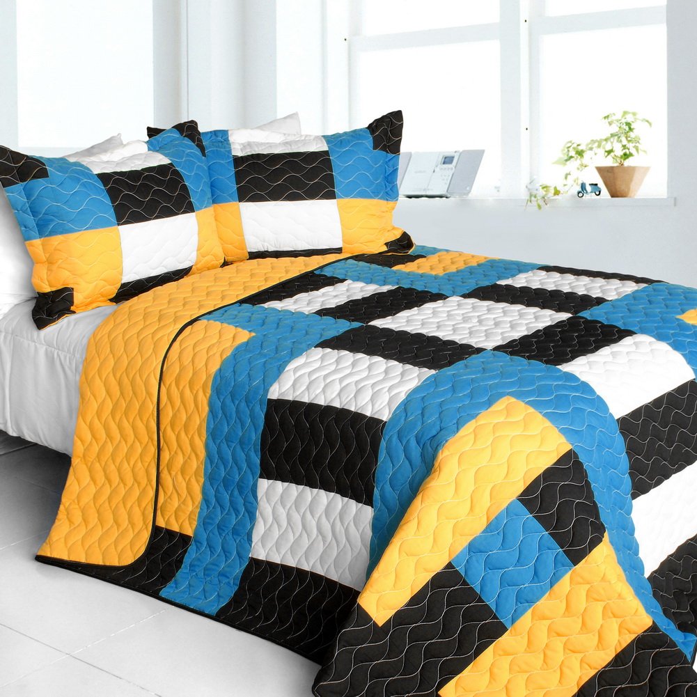 Ocean J Vermicelli-Quilted Patchwork Geometric Quilt Set Full/Queen Size - Stylish Bedding for Modern Home Decor, Perfect for Guest Rooms & Master Bedrooms