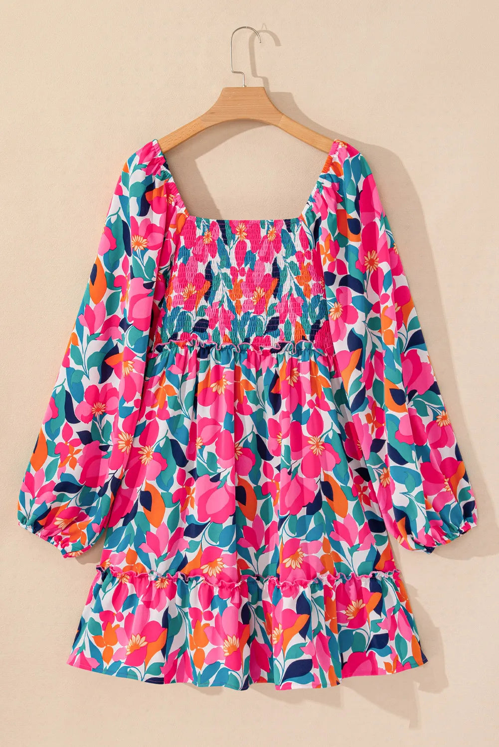 Plus Size Floral Print Smocked Square Neck Balloon Sleeve Dress for Women | Summer Wedding Guest Dress & Casual Party Wear