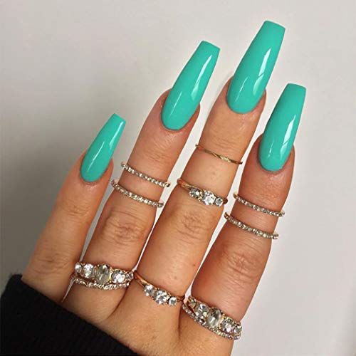 Funyrich 24Pcs Long Press on Nails - Coffin Shape Green Fake Nails with Glossy Finish, Full Cover Ballerina Artificial Nails for Women and Girls | Perfect for Parties, Weddings, and Special Occasions