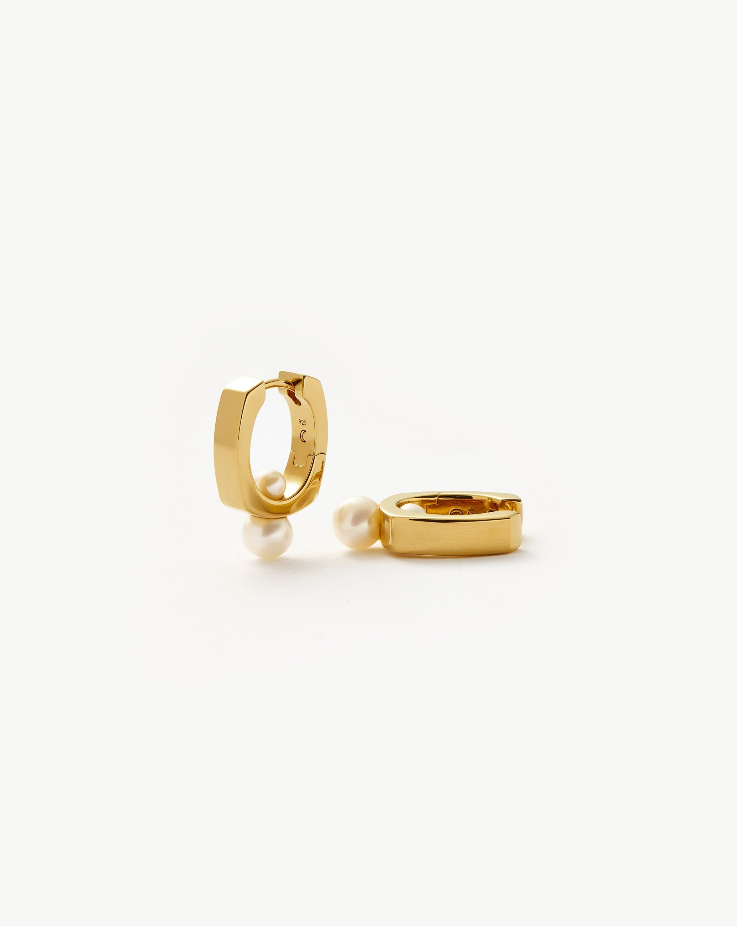 18k Gold Plated Button Pearl Square Small Hoop Earrings for Women - Elegant Minimalist Dainty Jewelry for Everyday Wear, Office, Date Night & Special Occasions