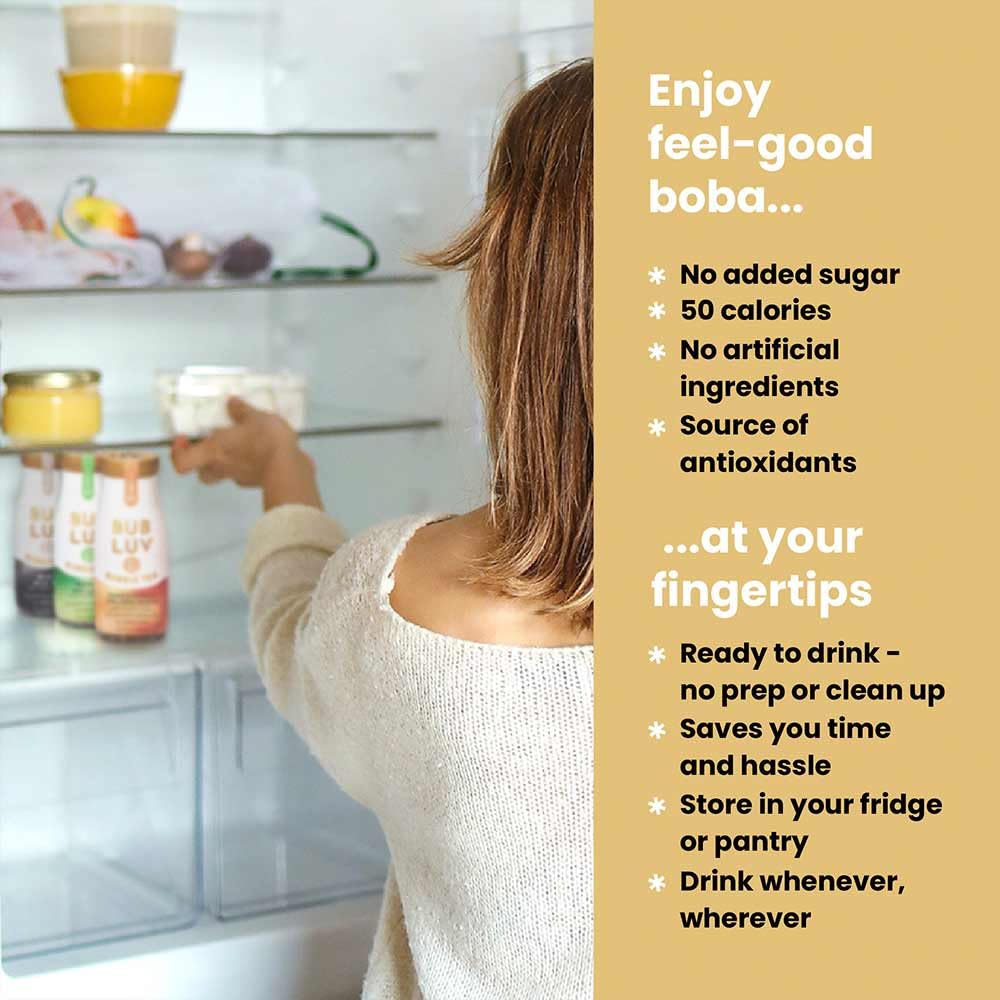 BUBLUV Low Sugar Bubble Tea with Low-Carb Jelly Pearls - 3 Flavor Variety Pack (Black Milk Tea, Matcha Soy Latte, Passionfruit Oolong Guava) - Ready-to-Drink Boba Tea in Glass Bottles, Low Calorie & Low Sugar Beverage - Perfect for Office Snacks, Afternoon Tea, and Healthy Lifestyle (Pack of 6, 9.5 fl oz Each)
