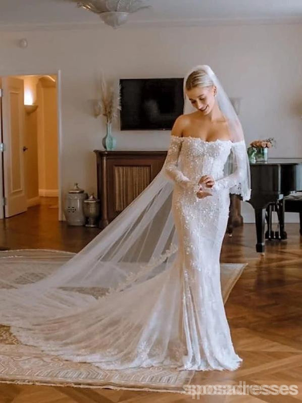 Elegant Off Shoulder Long Sleeve Mermaid Sweetheart Lace Wedding Dress - Custom Made Bridal Gown with Veil for Romantic Beach or Church Ceremonies