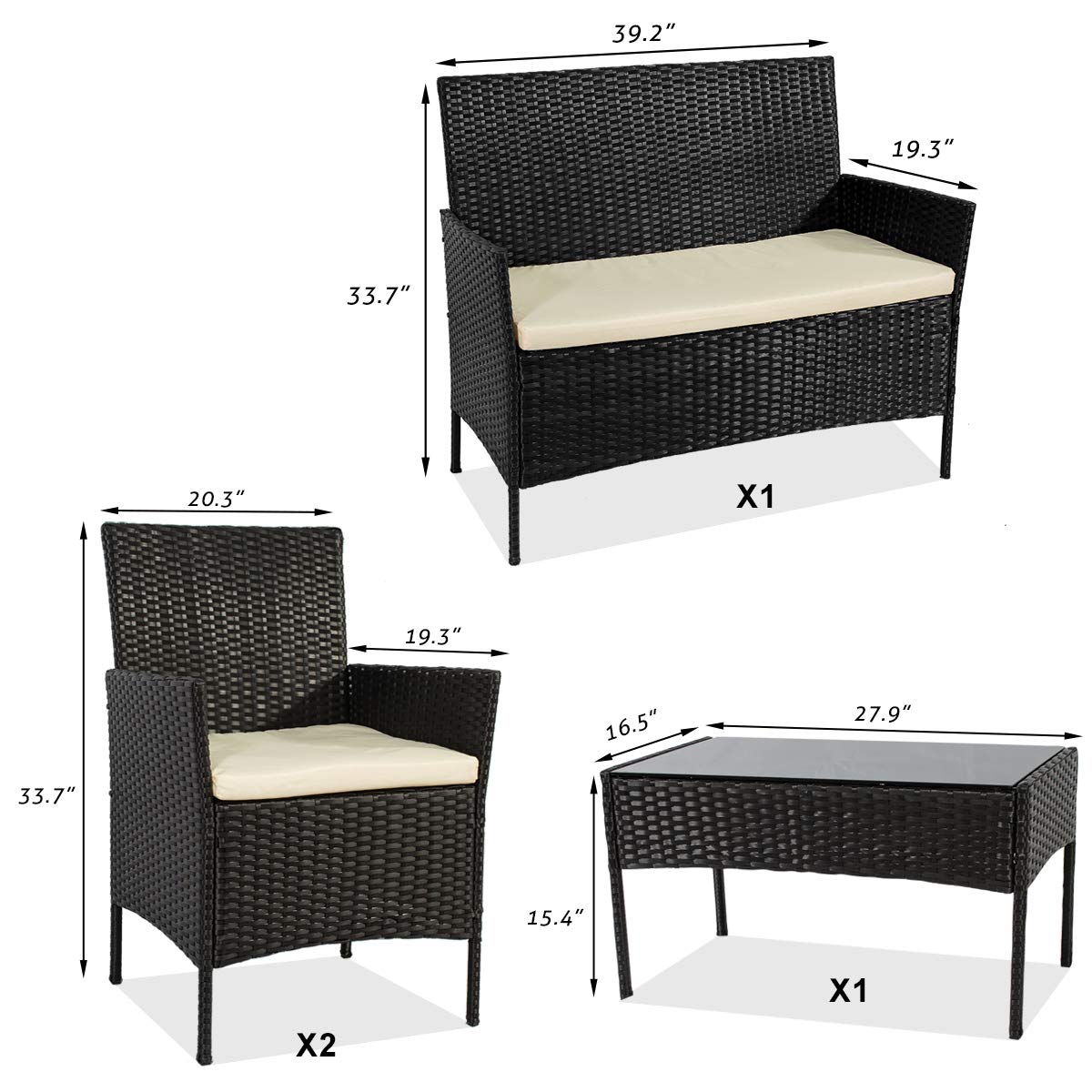 ZAZA 4-Piece Outdoor Patio Rattan Furniture Set with Cushions - Wicker Sofa & Coffee Table for Balcony, Garden, or Indoor Use - Black & Beige - Perfect for Relaxing, Entertaining, and Outdoor Dining