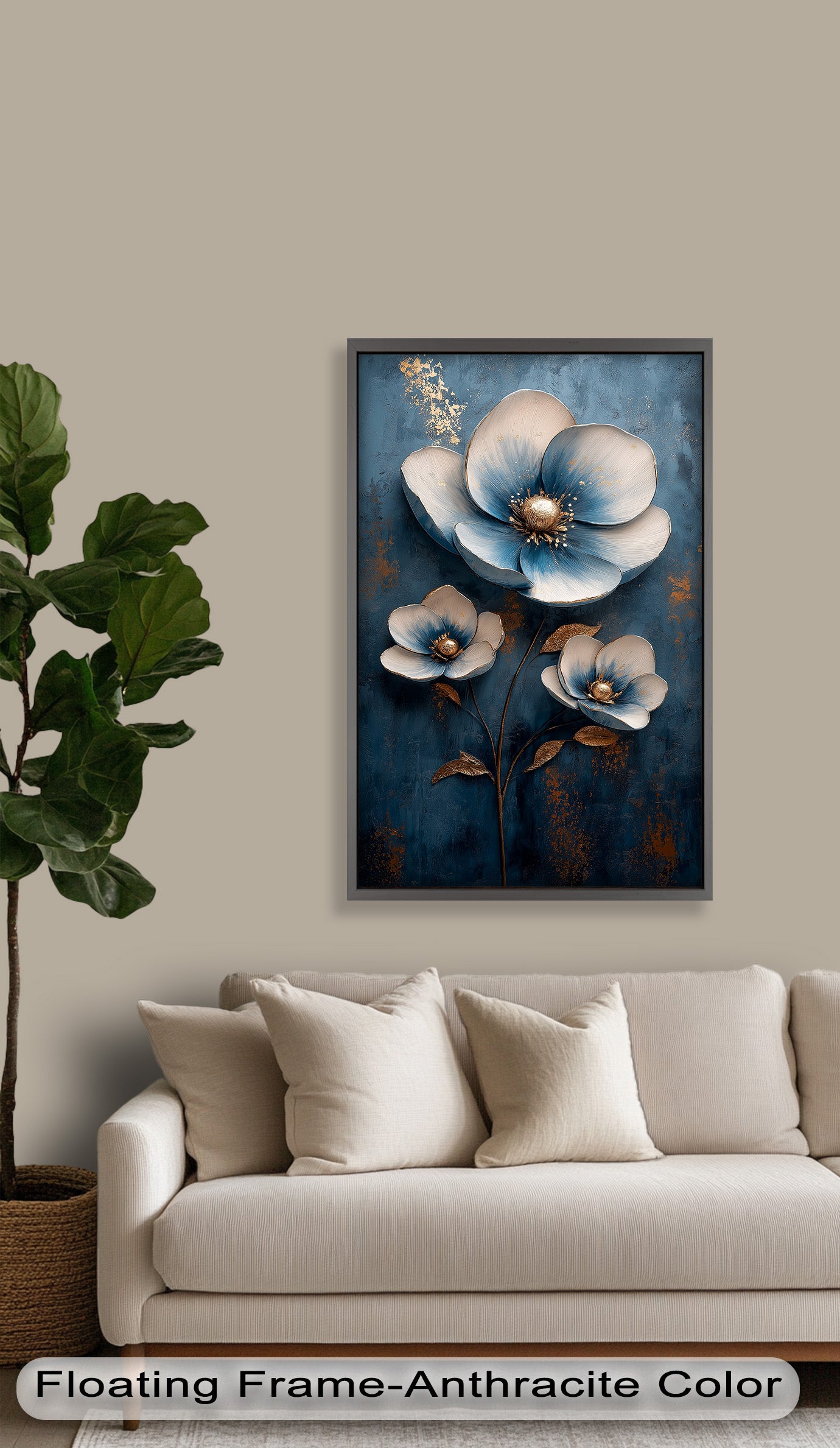 Blue and Gold Flower Modern Oil Painting - Handmade Canvas Wall Art for Living Room, Bedroom & Office Decor