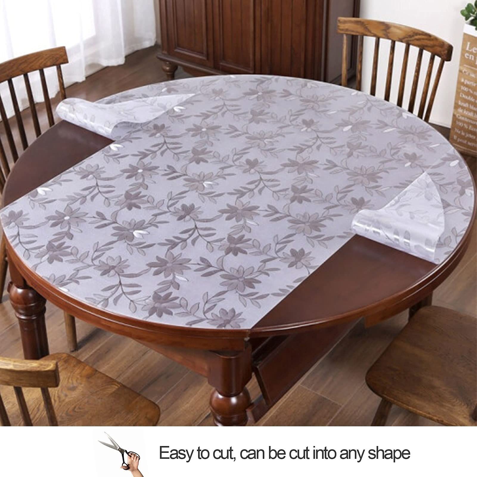Round Transparent PVC Tablecloth - Waterproof Oil-Resistant Plastic Table Cover with Cosmos Flower Design, 2.0mm Thick Crystal Clear Table Mat for Dining, Kitchen, Living Room & Outdoor Use