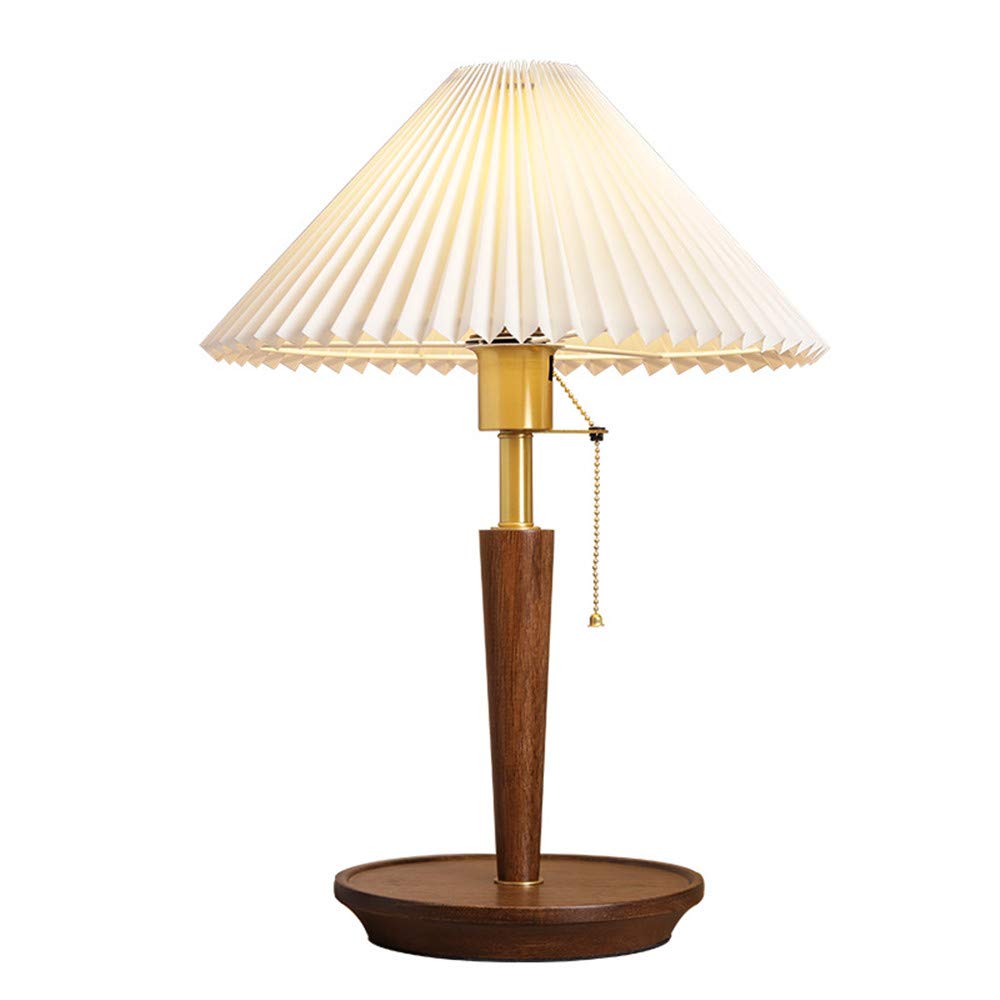 Nordic Brass Bedside Table Lamp - Solid Wood Base, European-Style Retro Design with Japanese Pleated Shade for Bedroom, Living Room, Dining Room & Hallway - Perfect for Cozy Nights and Elegant Home Decor