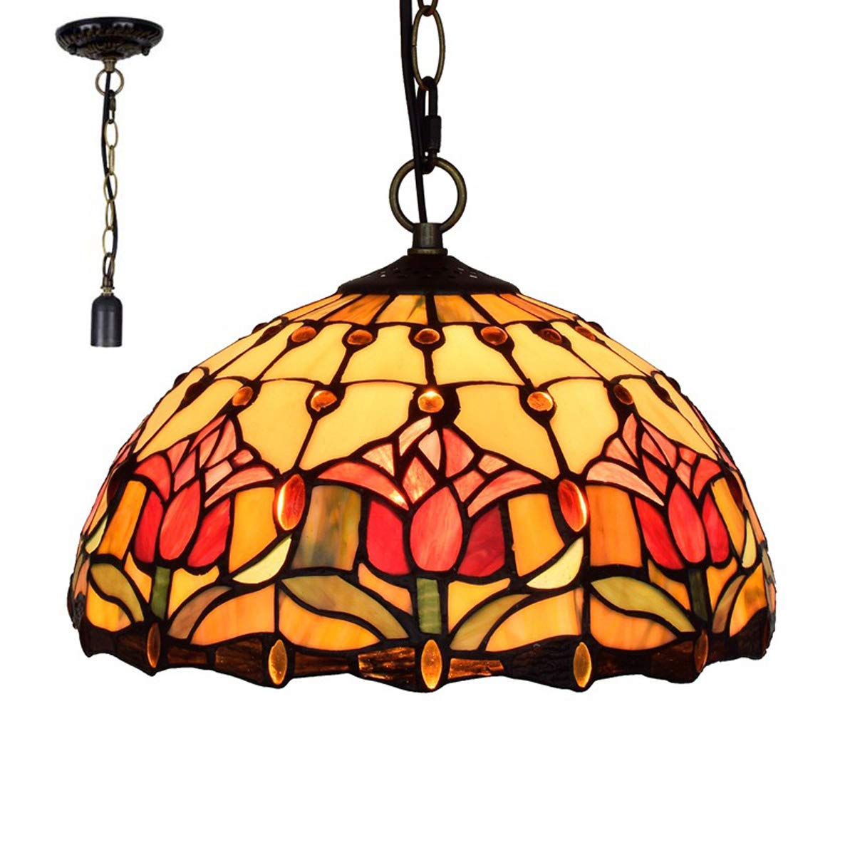 12-Inch Tiffany Style Vintage Handmade Stained Glass Pendant Lamp - Pastoral Floral Design with Tulip Motif for Living Room, Bedroom, Dining Room & Hallway | Perfect for Farmhouse, Boho & Vintage Home Decor