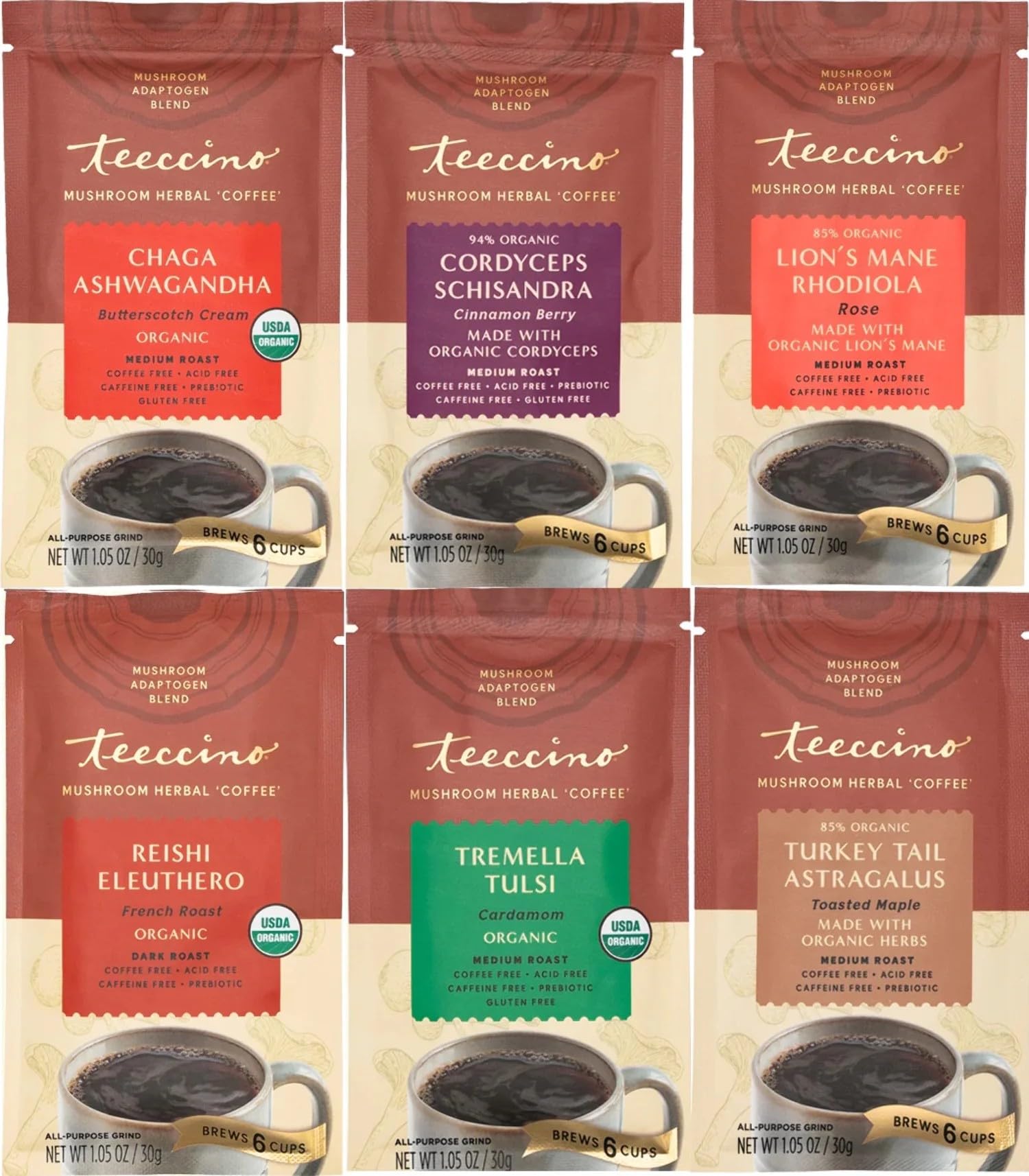 Organic Mushroom Adaptogen Herbal Coffee Sampler - 6 Pack Trial Size with Chaga, Ashwagandha, Reishi, Eleuthero & More - Caffeine-Free Coffee Alternative for Energy & Focus - Perfect for Morning Boost, Workout Recovery & Stress Relief