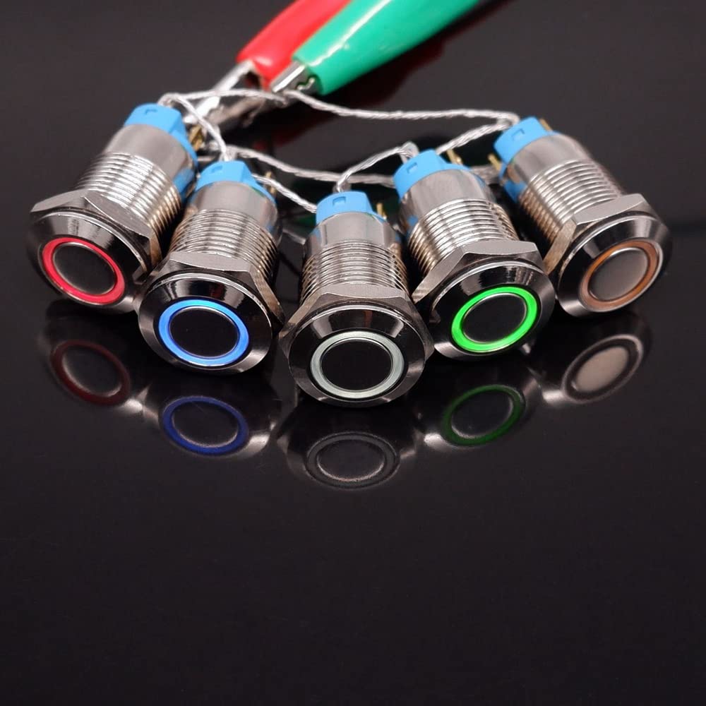 12mm Metal Push Button Switch with LED Light - 3V-6V (5V) Power Switch for PC, Car Engine, Doorbell - High Head Blue, Latching Function - 24V/110V Compatible - Perfect for DIY Electronics, Automotive, and Home Automation Projects