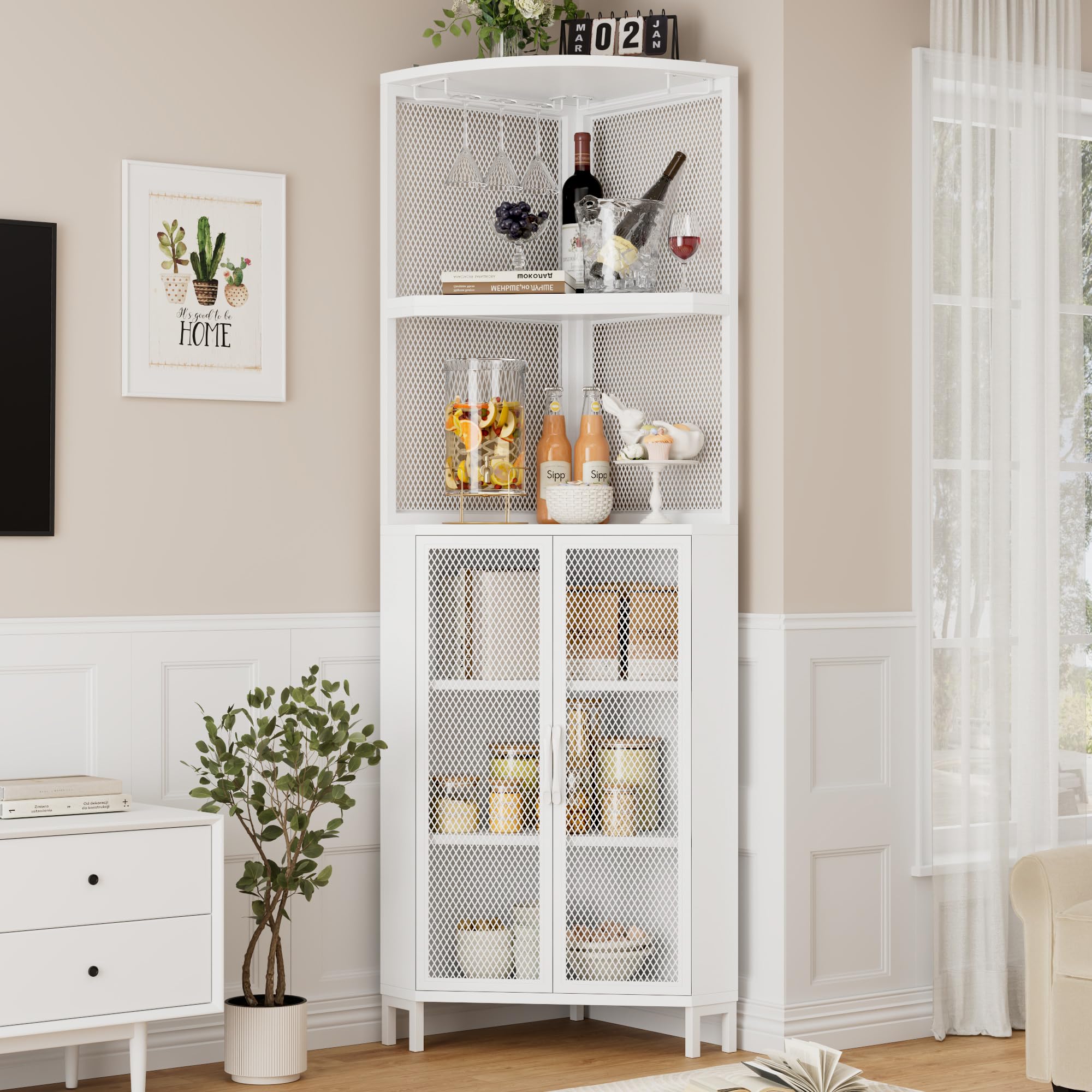 HITHOS White Tall Corner Shelf with Doors - Modern Free Standing Corner Cabinet for Living Room & Dining Room - Stylish Display & Storage Solution for Home Decor, Books & Collectibles
