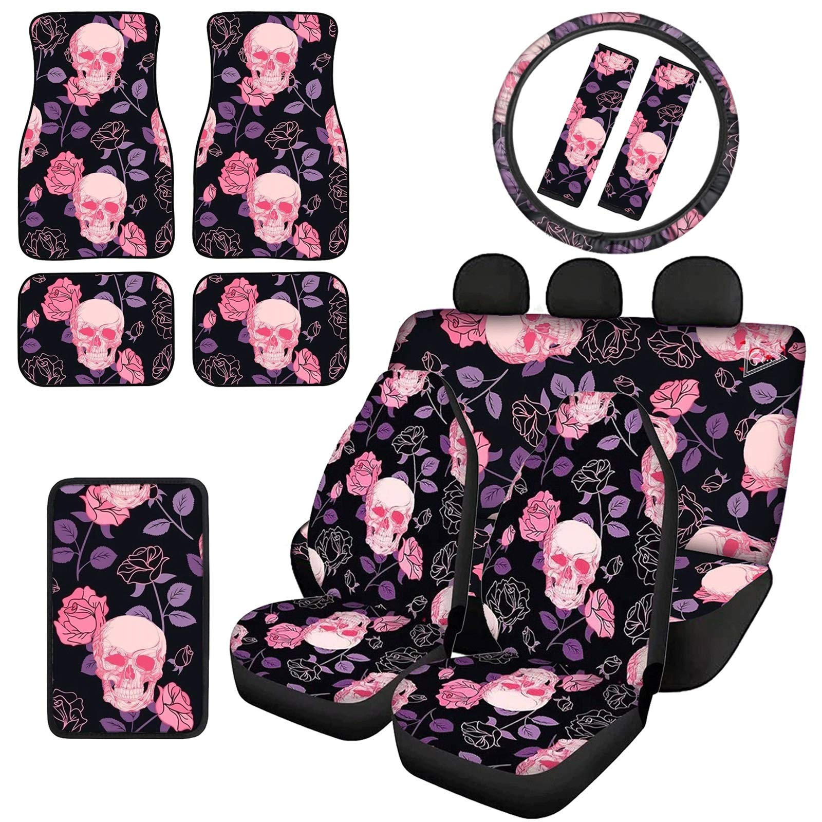 Pink Rose Skull Car Seat Covers Set - 12 Piece Front Rear Bench Covers, Steering Wheel Cover, Console Cover & Seatbelt Shoulder Pads - Car Interior Accessories for Women & Girls - Perfect for Gothic, Punk & Kawaii Car Decor