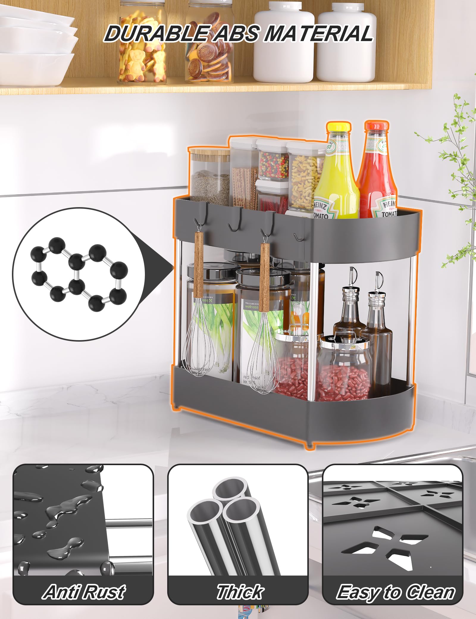 2 Pack Under Sink Organizers - Heavy Duty Kitchen & Bathroom Cabinet Storage Shelf with Enhanced Anti-Corrosion Design, Space Saving Black Organizer for Cleaning Supplies, Pots & Pans (Perfect for Small Spaces Under Sink)