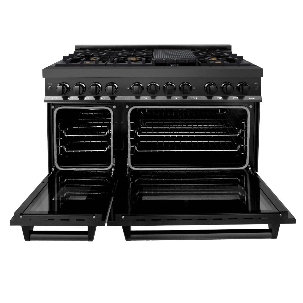 ZLINE 48 Inch Professional Kitchen Package - Black Stainless Steel Dual Fuel Range with Convertible Range Hood (2KP RABRH48) | Perfect for Home Chefs & Modern Kitchens